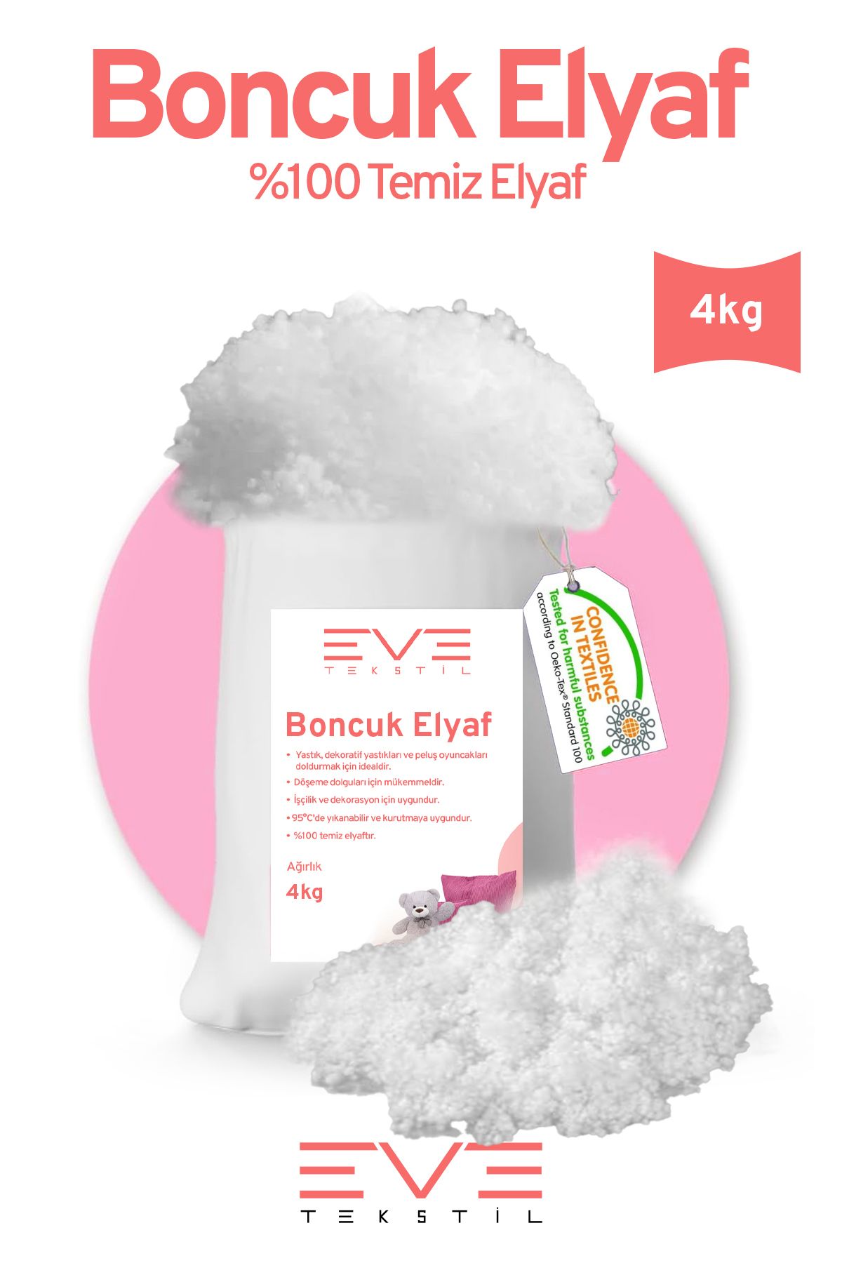 Eve Tekstil Yastık Yorgan Oyuncak Dolum Malzemesi Antialerjik Yapışmaz 1.Kalite %100 Temiz Boncuk Elyaf 4 Kg