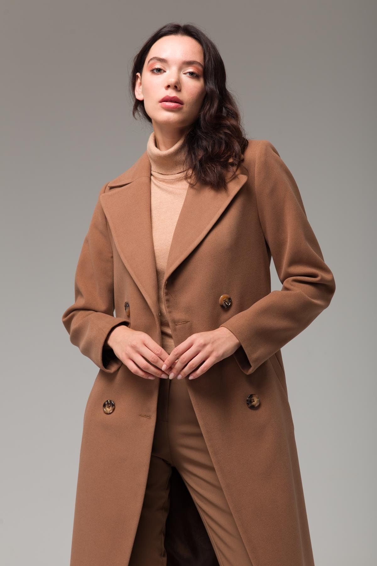 Concept.-Double Breasted Waist Tied Medium Length Coat Brown 3754 4