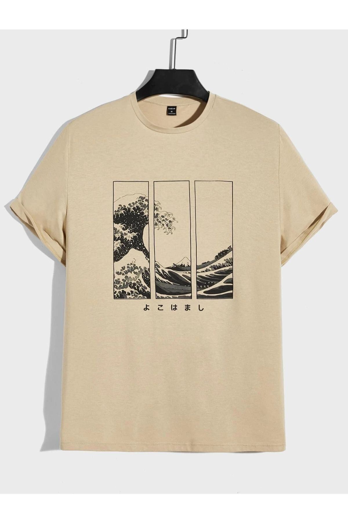 GIANTSTORE Unisex Bej Ağaç Baskılı Bisiklet Yaka Tshirt