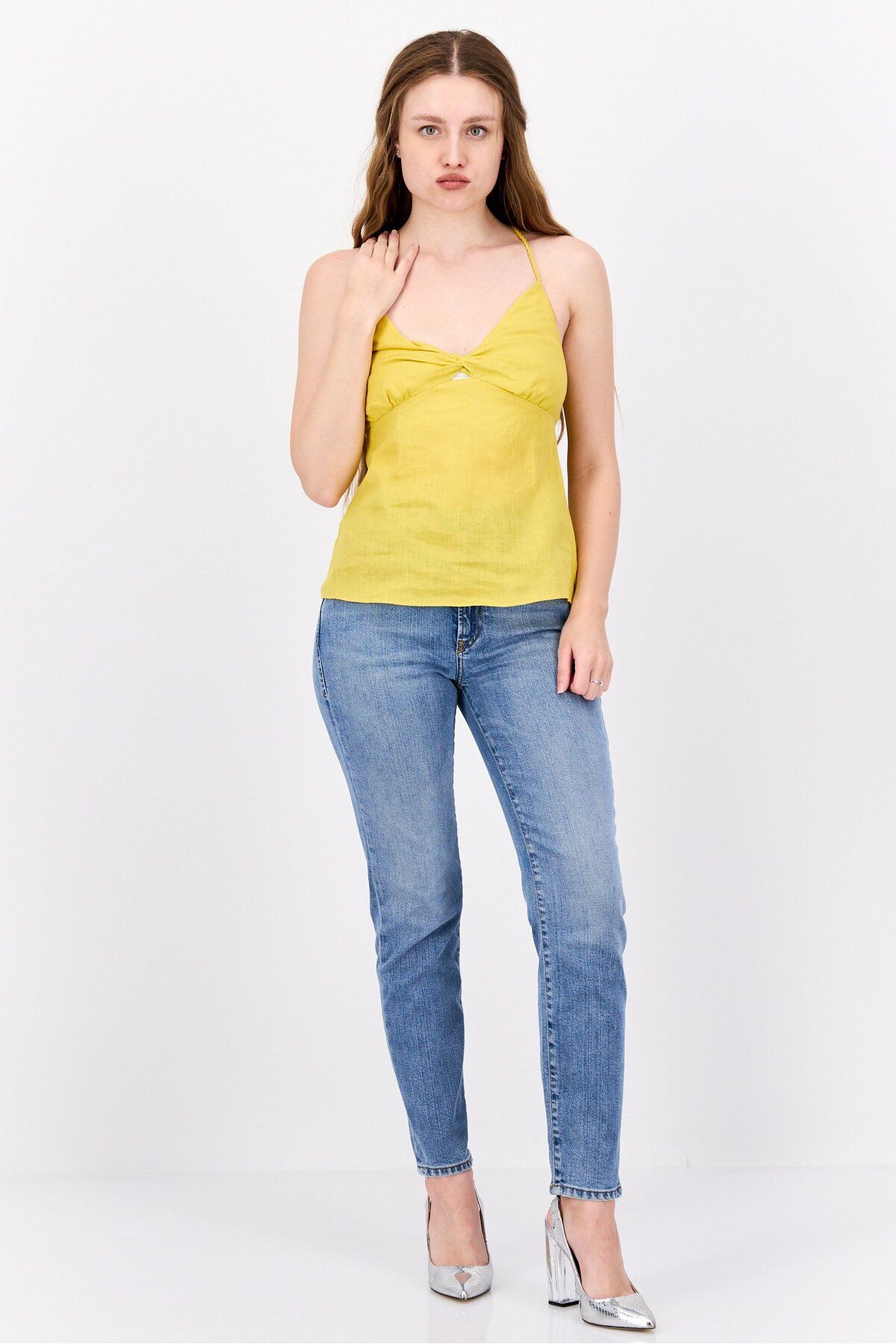 Scotch & Soda-Women V-Neck Sleeveless Plain Top, Yellow 4