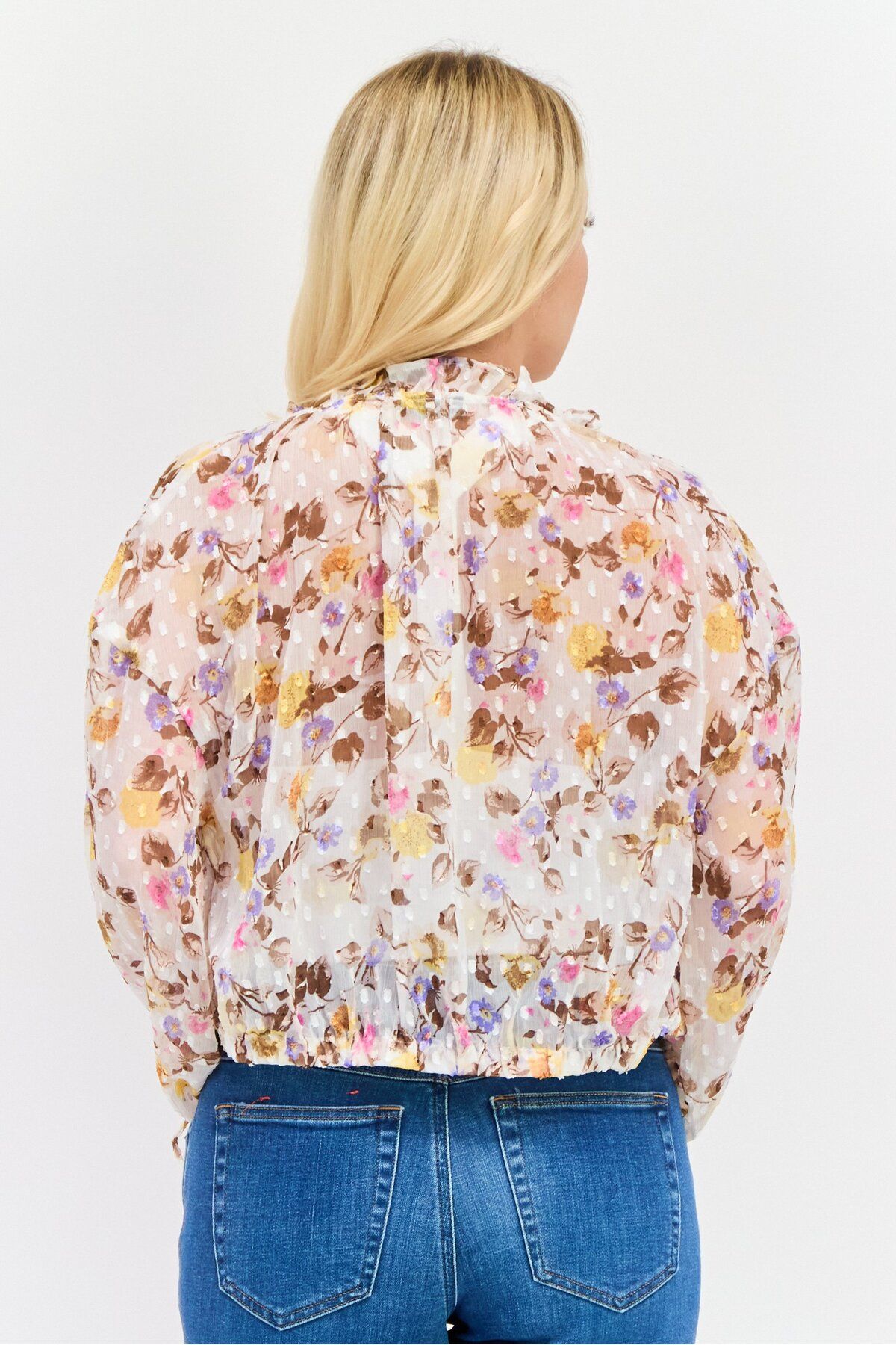 Asos Design-Women Ruffle Neck Long Sleeves Floral Print Blouse, Beige 3