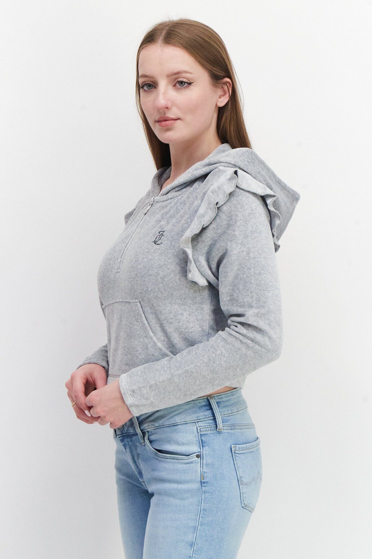 Juicy Couture-Women Hooded Long Sleeve Textured Sweatshirt, Grey 3