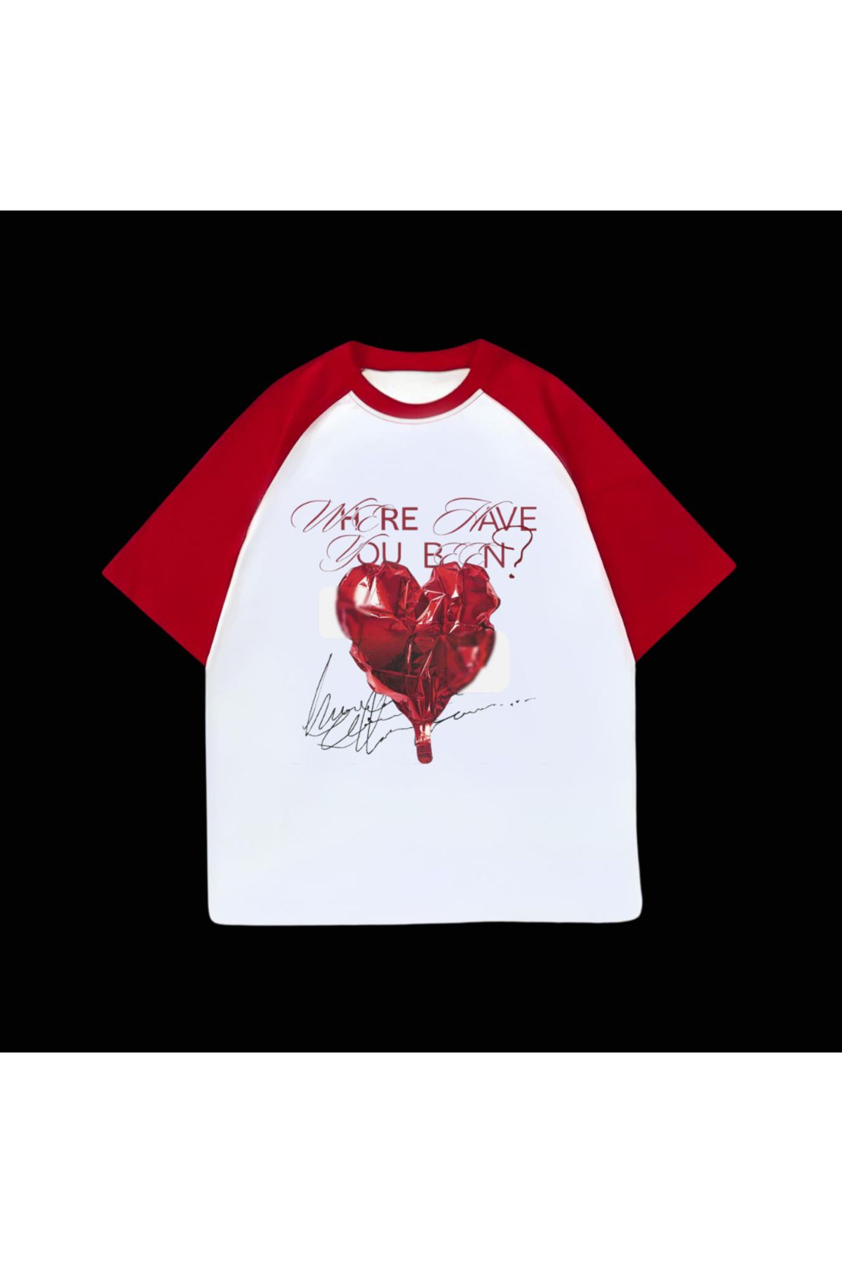 weywot MERTSHP Beyaz Unisex Kırmızı Reglan Hearth Ballon T-Shirt