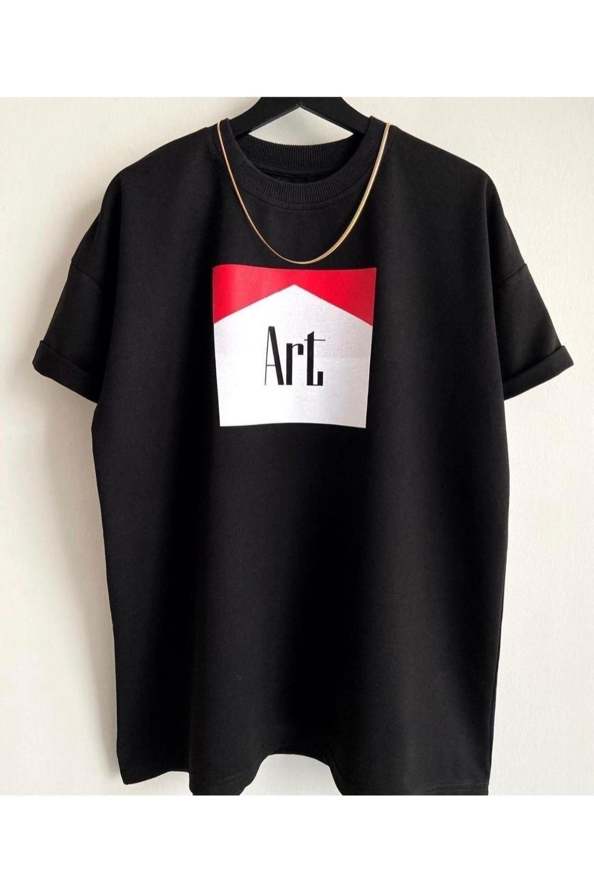 GIANTSTORE Unisex Siyah Art Baskılı Oversize Bisiklet Yaka Kısa Kollu Tişört