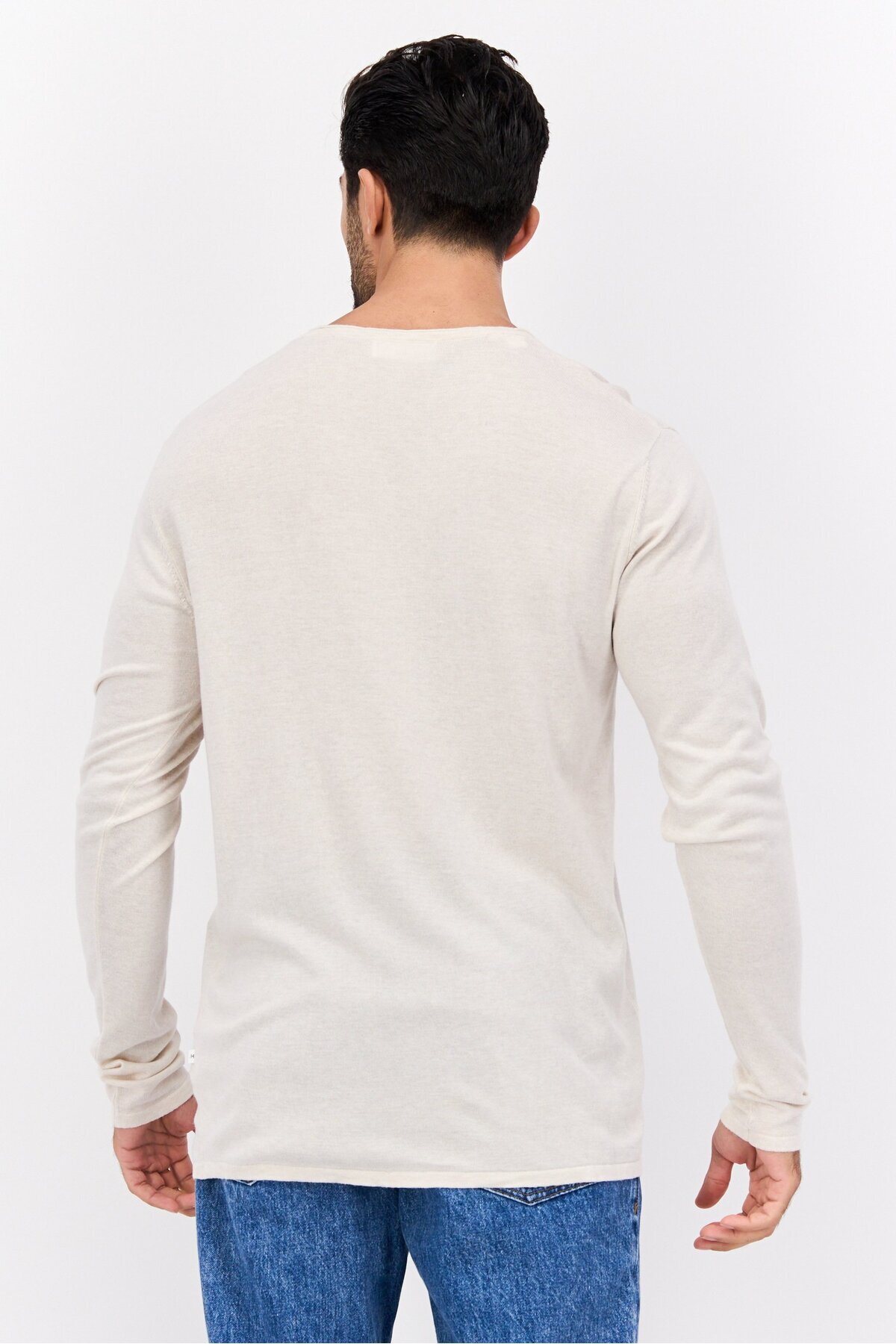 Selected Homme-سويت شيرت رجالي سادة بأكمام طويلة وياقة دائرية، لون بيج 3