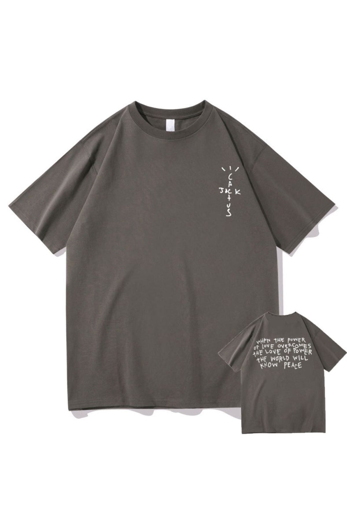 GIANTSTORE Erkek Antrasit Cactus Jack Baskılı Oversize Bisiklet Yaka Tshirt