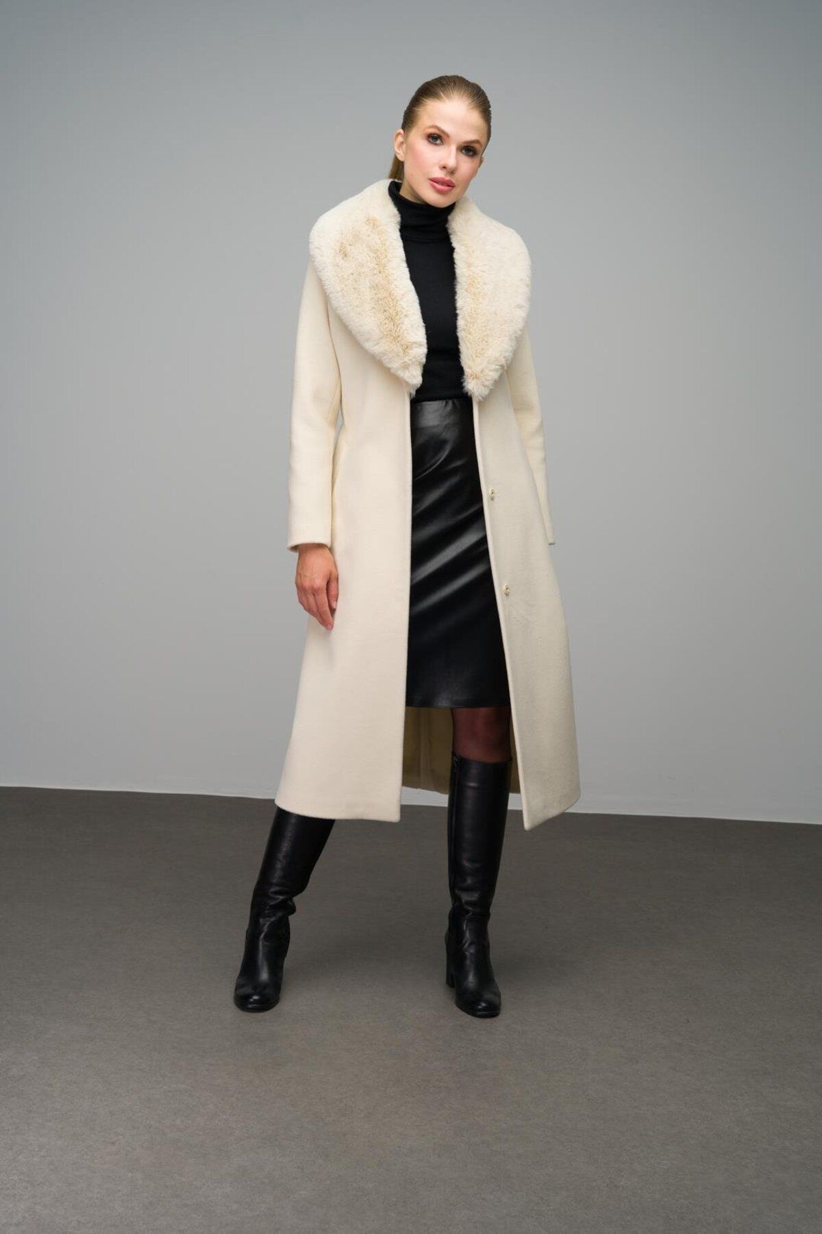 Olcay-Intermediate Size Ecru 3066 - SheepsKin Coat with Removable Collar and Snap Closure 5