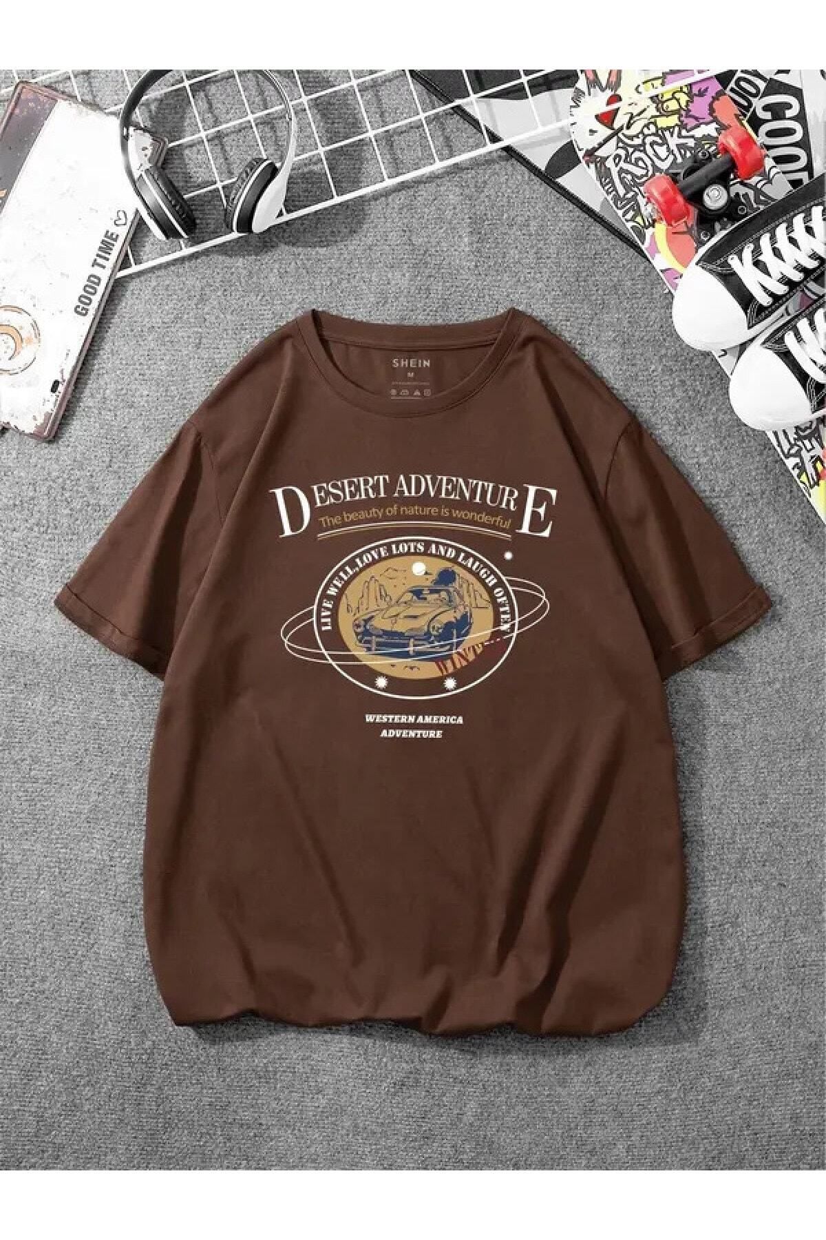 GIANTSTORE Unisex Kahverengi Desert Adventure Baskılı Oversize T-shirt