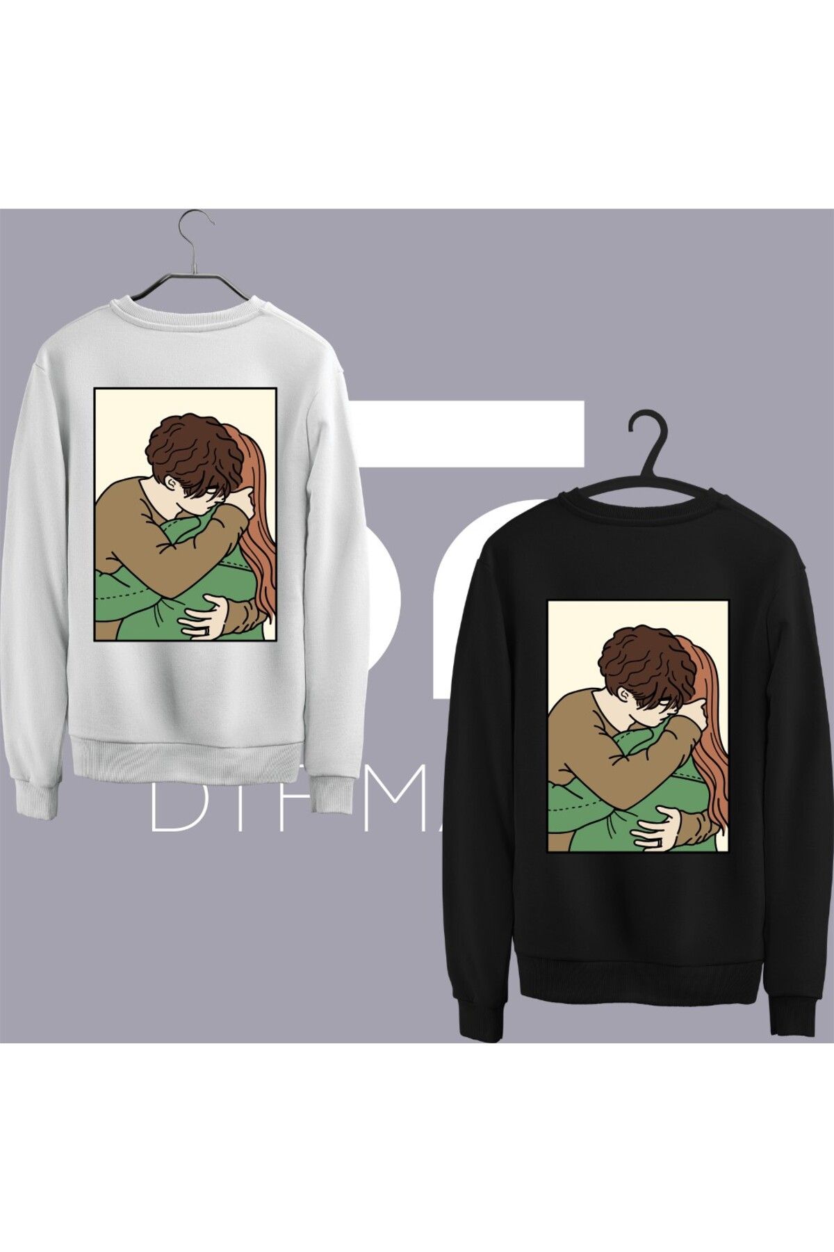 dtfmarkt 2'li "Sarılan Couple" Sırt Baskılı Sweatshirt