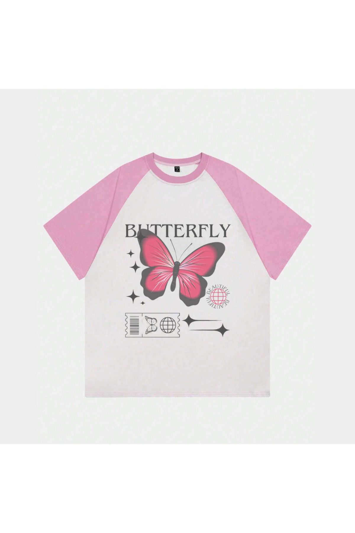 DEEFWEAR Very Kind  Beyaz Unisex Pembe Reglan Butterfly T-Shirt