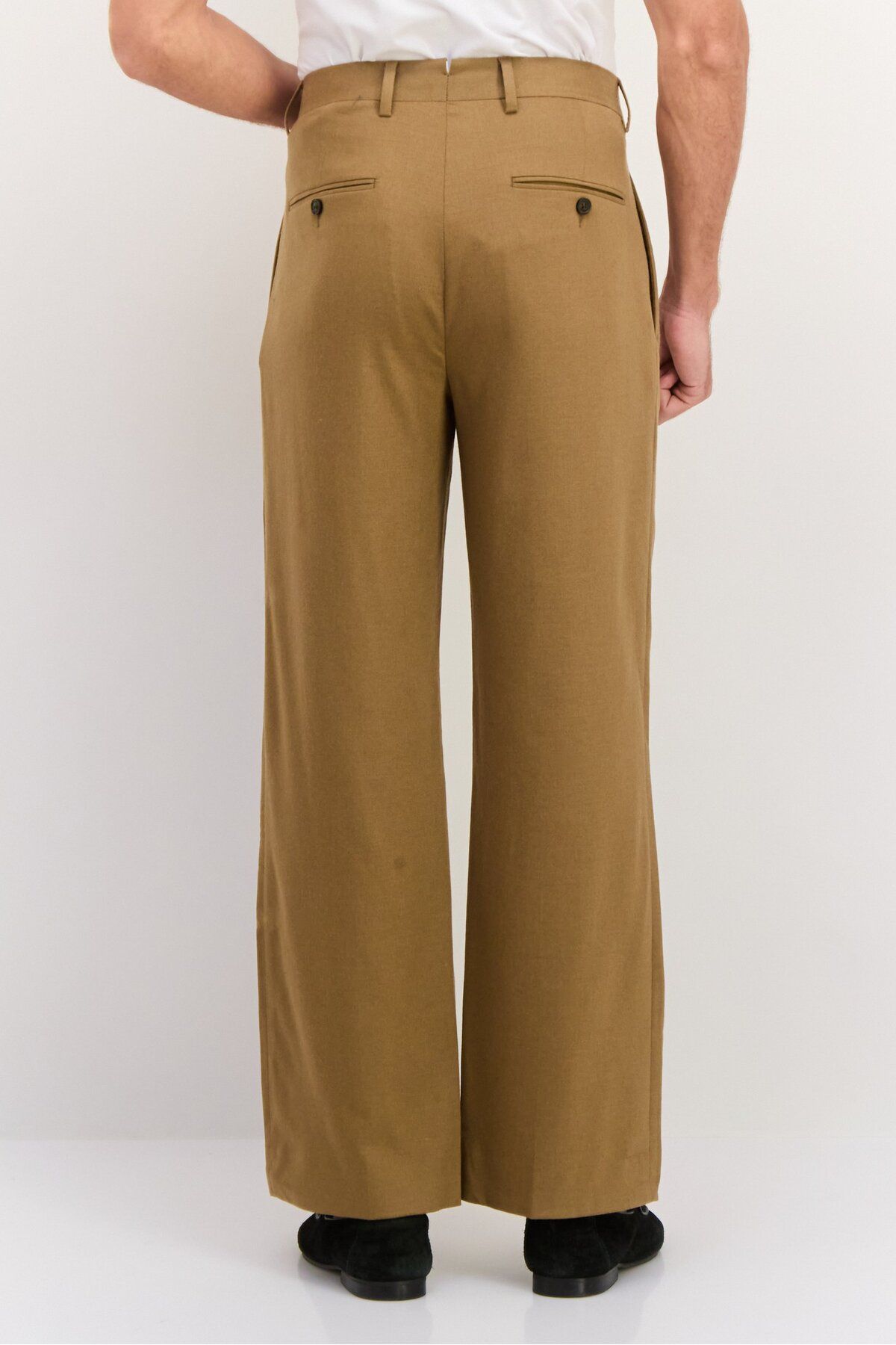 Gant-Men Regular FIt Plain Wide Leg Flannel Suit Pants, Warm Khaki 3