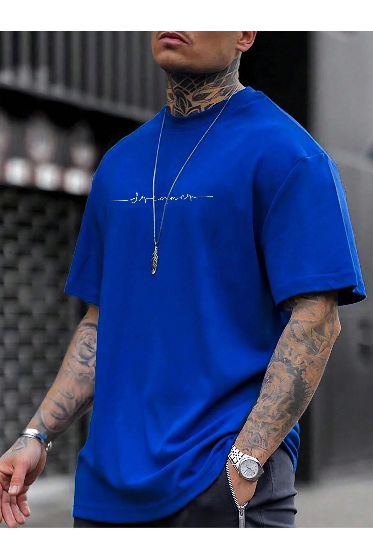 GIANTSTORE Erkek Mavi Dreamer Baskılı Oversize Bisiklet Yaka Tshirt