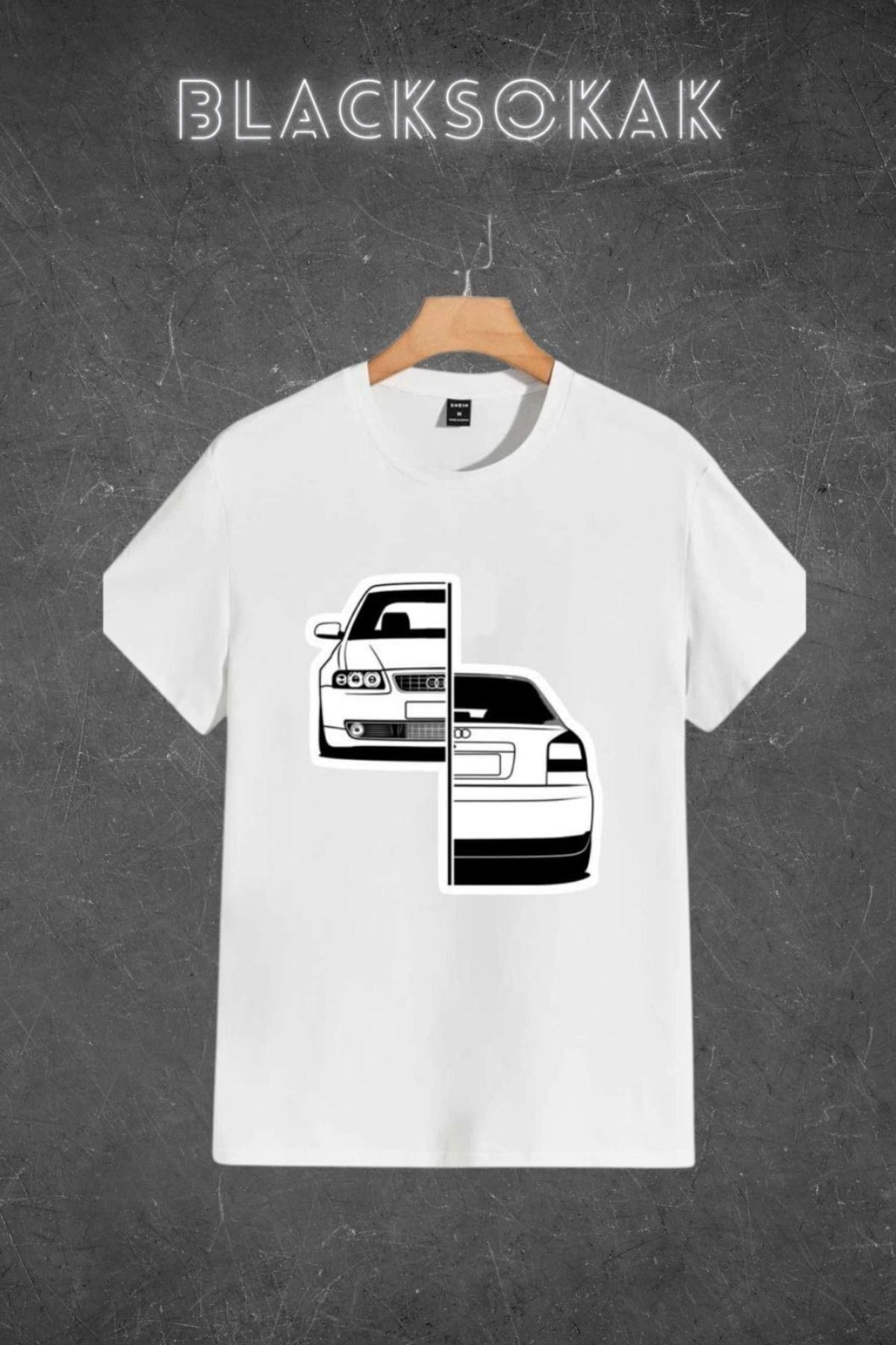 GIANTSTORE Erkek Beyaz Araba Baskılı Oversize Bisiklet Yaka Tshirt