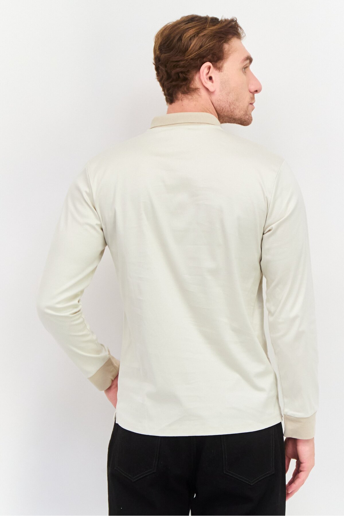 CELIO-Men Regular Fit Plain Long Sleeve Polo Shirts, Light Beige 3