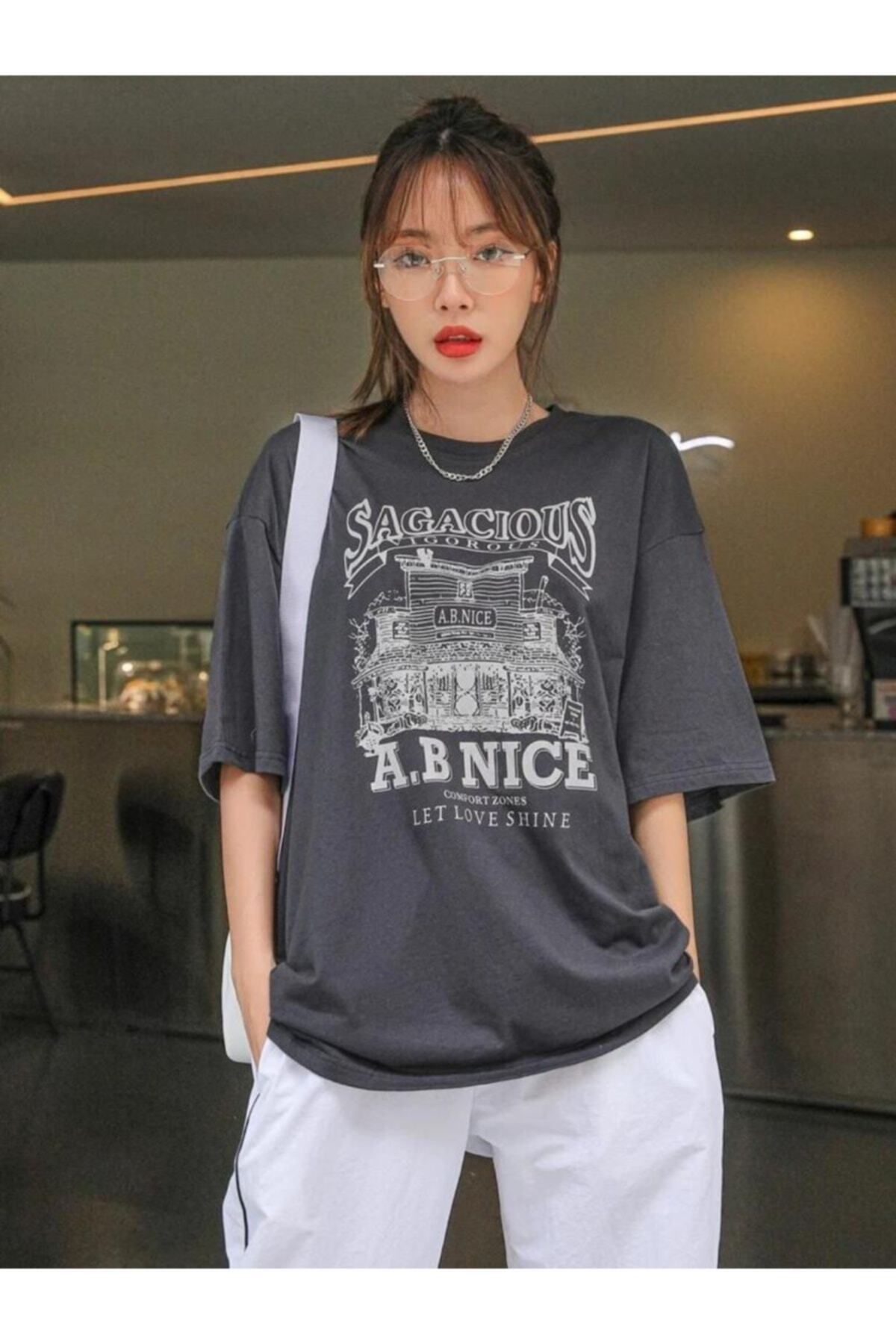 GIANTSTORE Kadın Antrasit Sagacıous A.b Nıce Baskılı Oversize Tshirt