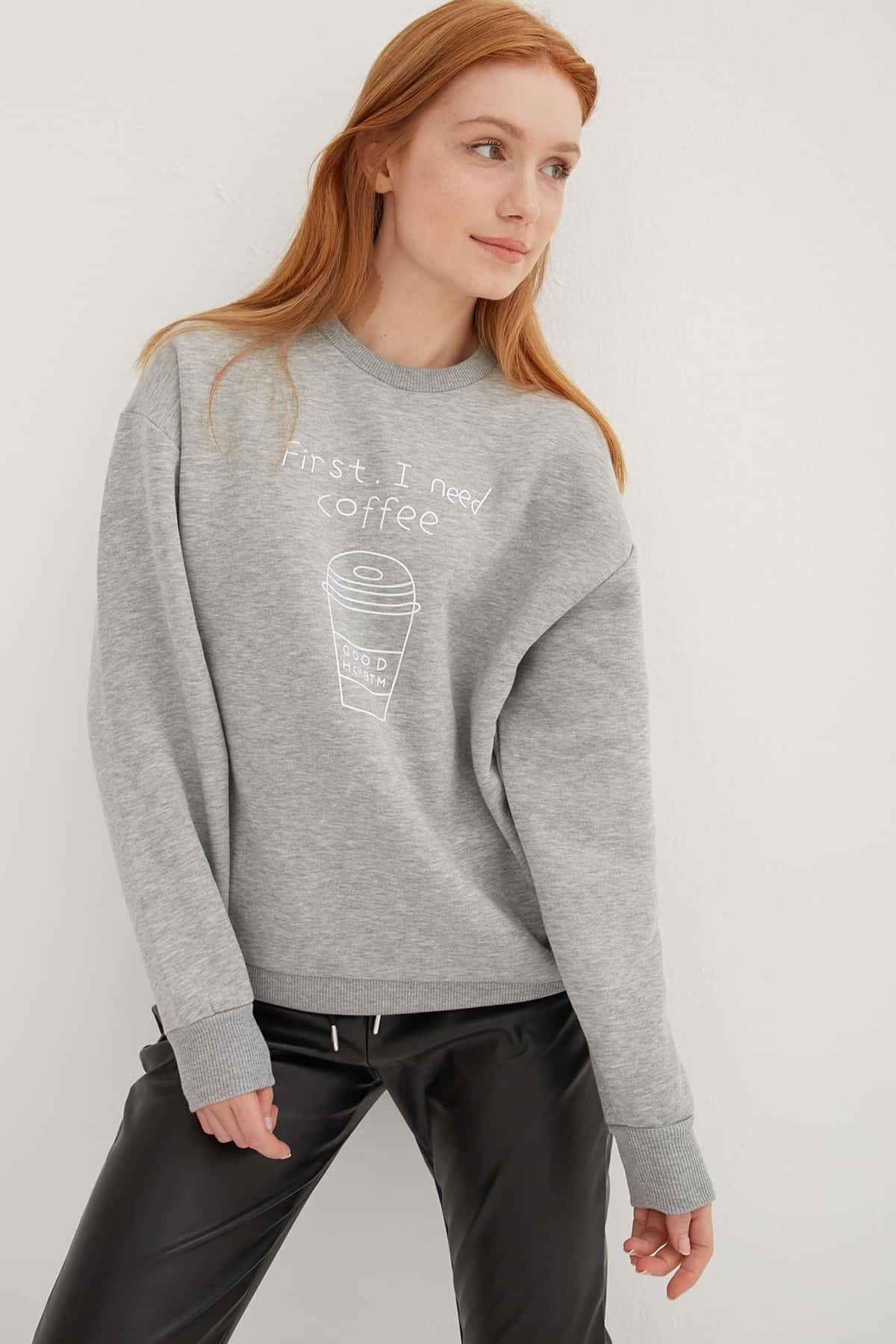 Fashion Friends-Crew Neck Printed Sweat Gray Melange 2