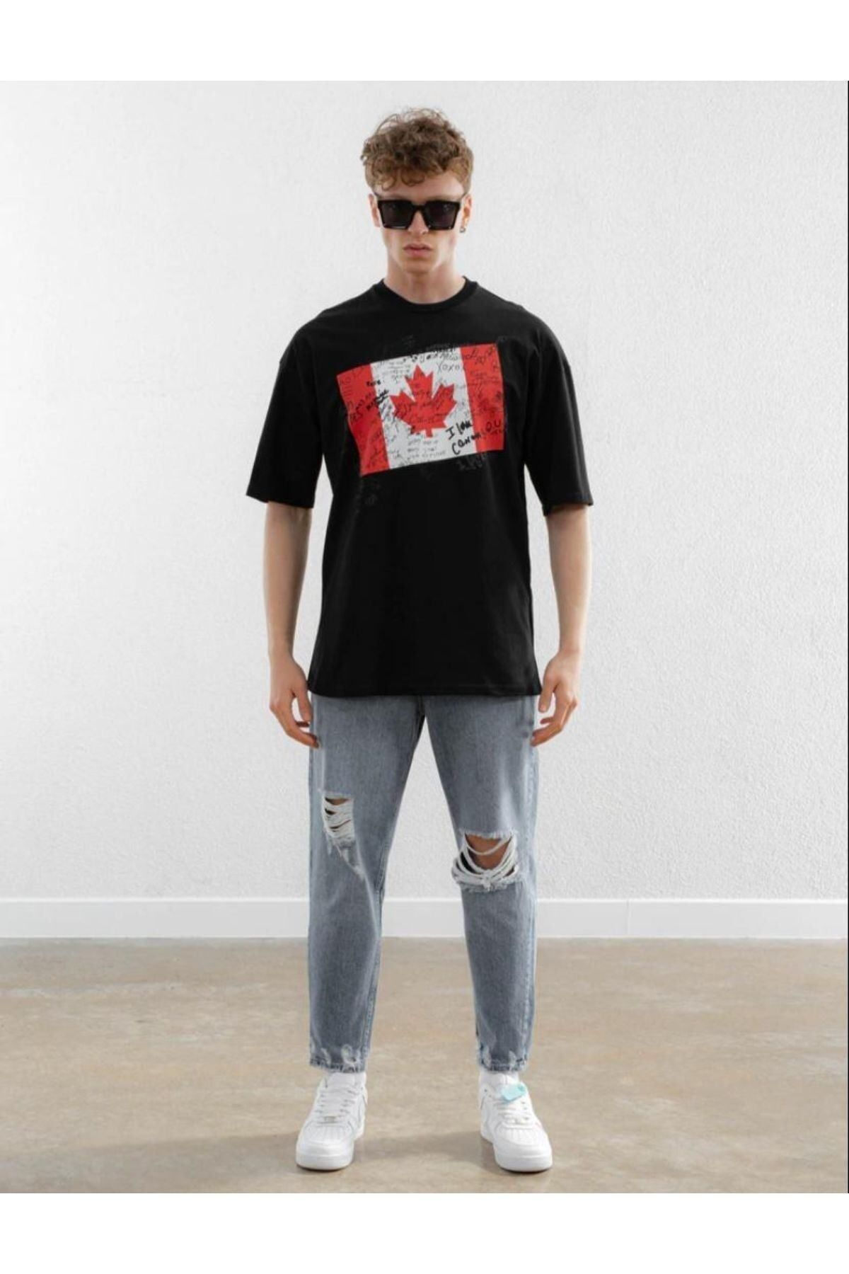 GIANTSTORE Erkek Siyah Kanada Baskılı Oversize Bisiklet Yaka T-shirt