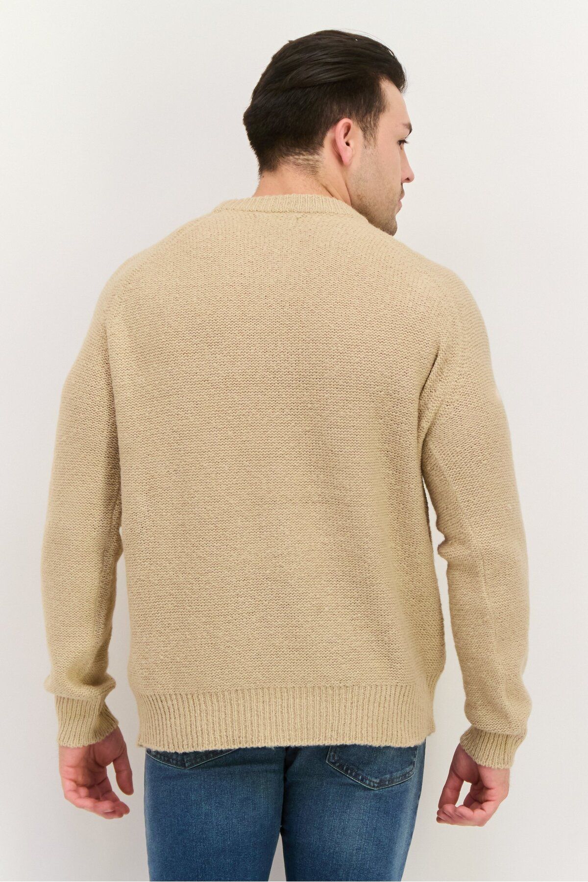 Threadbare-Men Crew Neck Long Sleeve Knitted Sweater, Beige 4