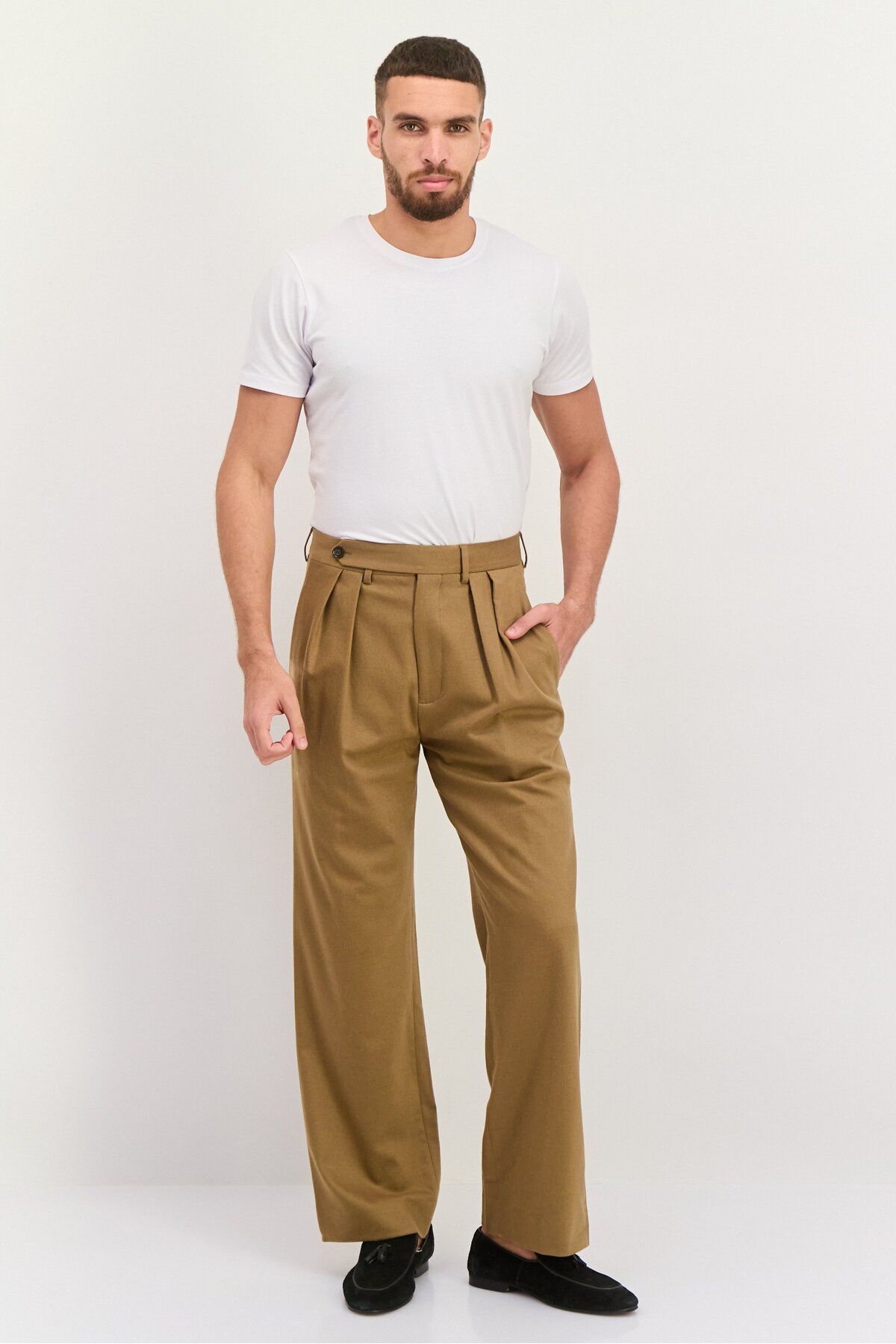 Gant-Men Regular FIt Plain Wide Leg Flannel Suit Pants, Warm Khaki 4