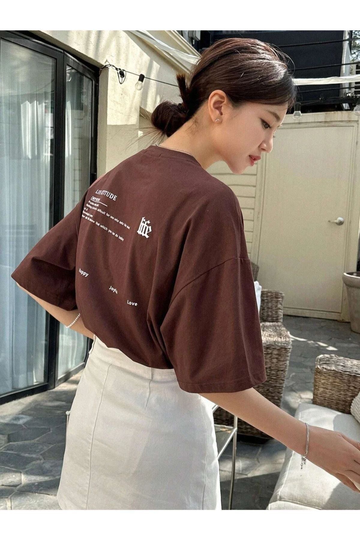 GIANTSTORE Kadın Kahverengi Life Baskılı Oversize Bisiklet Yaka Tişört