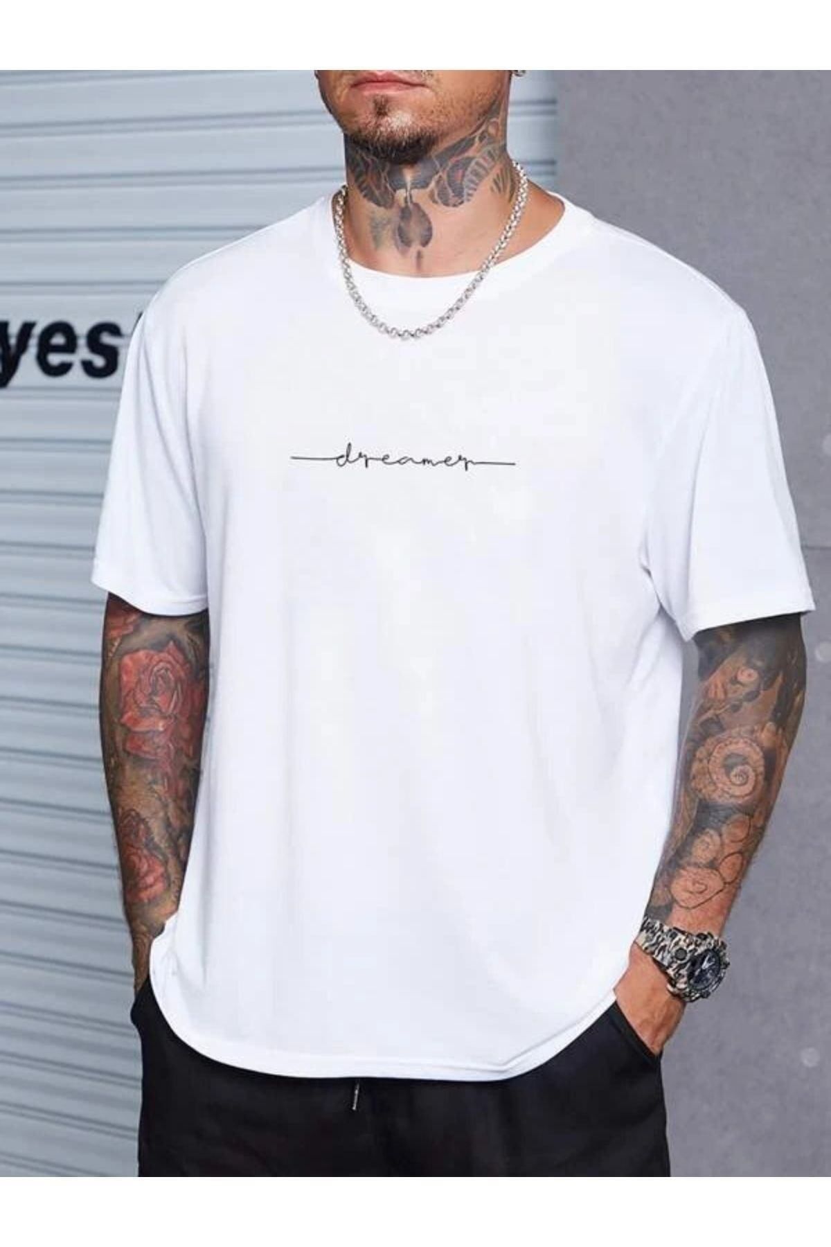 GIANTSTORE Erkek Beyaz Dreamer Baskılı Oversize Bisiklet Yaka Tshirt
