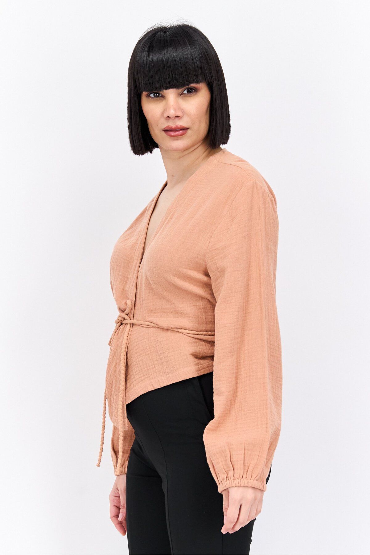 Passionata-Women Surplice Neck Long Sleeve Solid Blouse, Tan 4