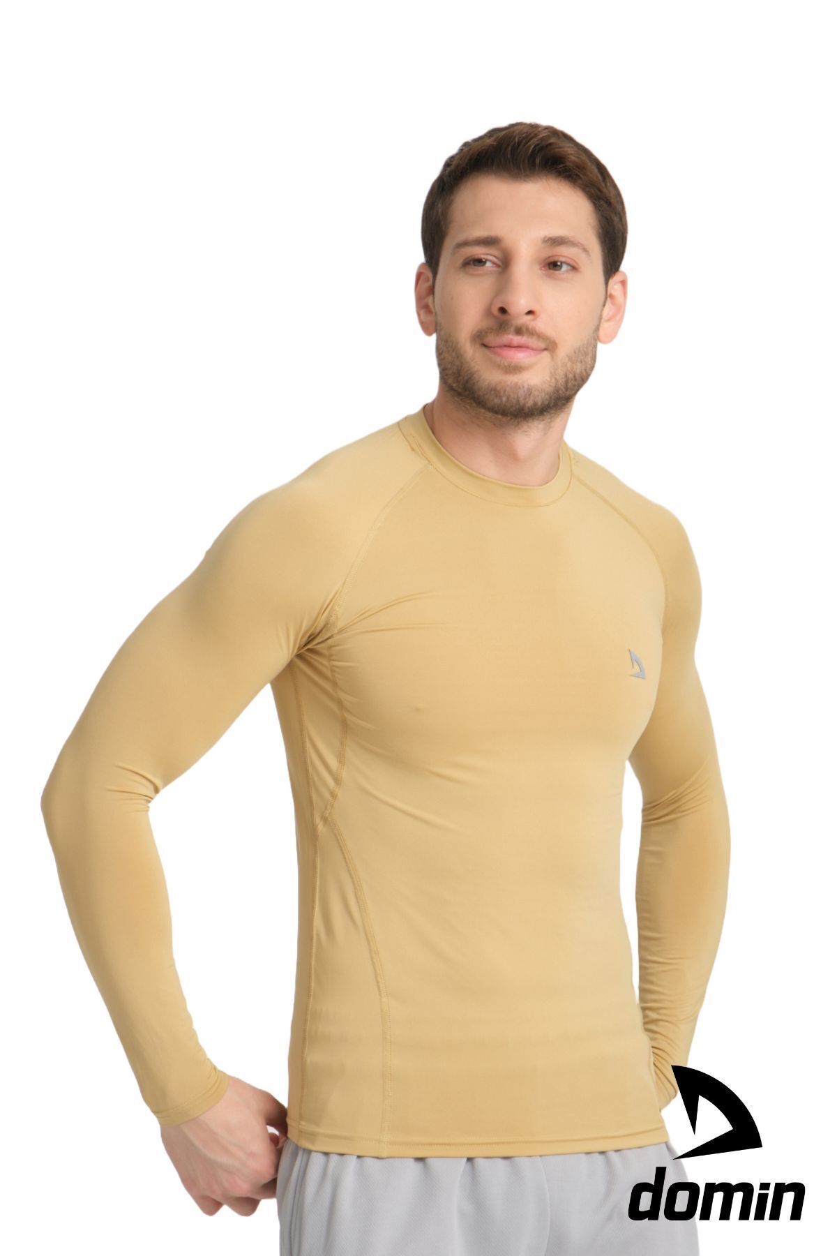 DOMİN SPOR-Men's Long Sleeve Gold Beige Lycra Fit Compression Sports Body Tshirt 2