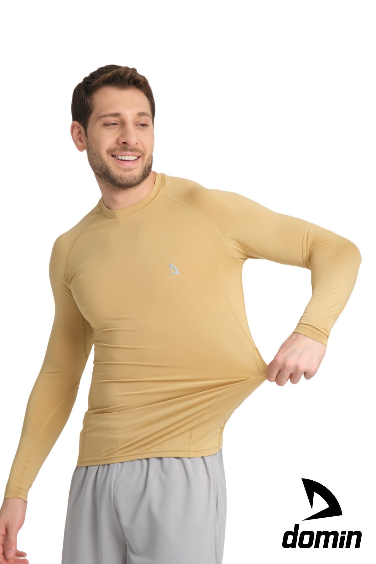 DOMİN SPOR-Men's Long Sleeve Gold Beige Lycra Fit Compression Sports Body Tshirt 4