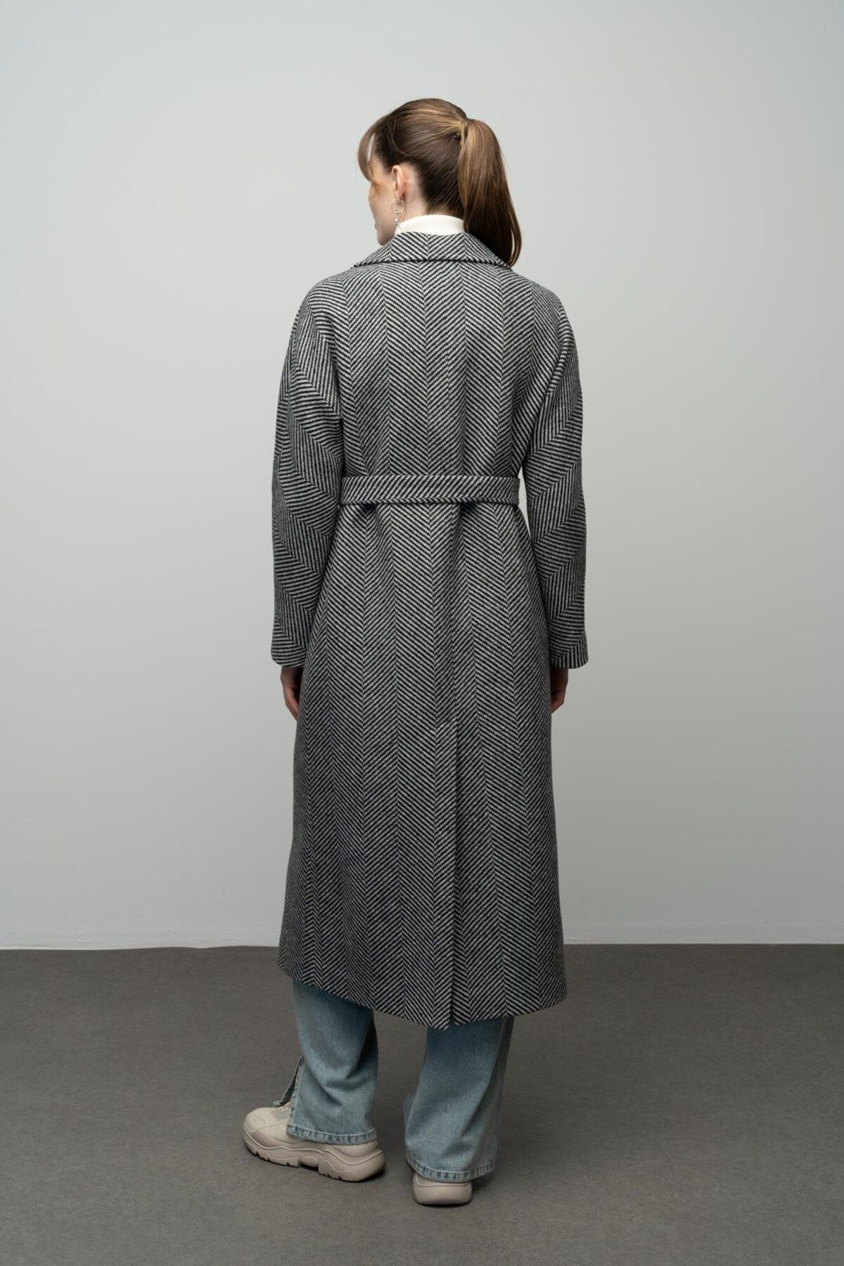 Olcay-Herringbone Patterned Oversize Coat - Snap Closure, Intermediate Size, BLACK 3035 7