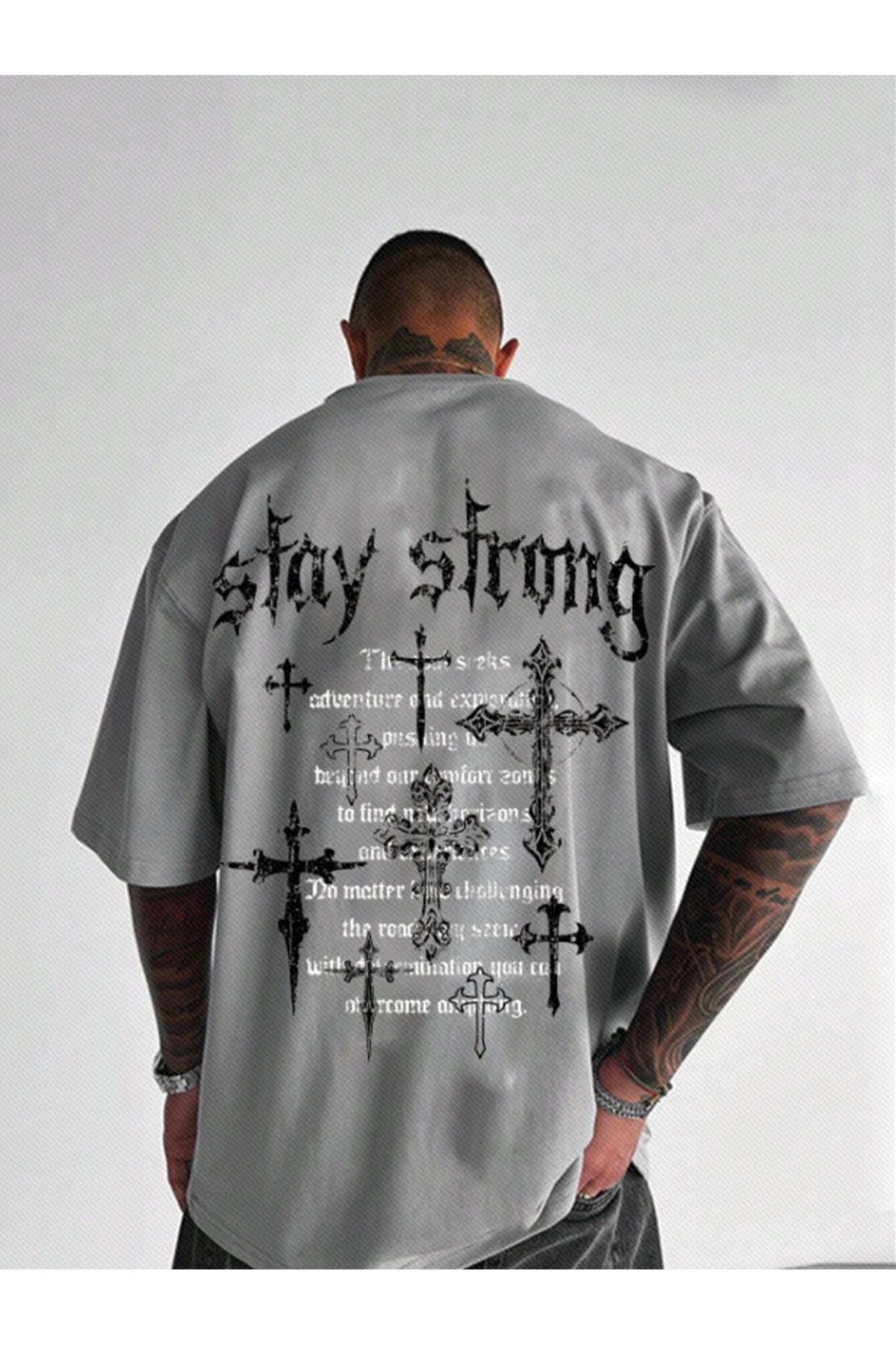 GIANTSTORE Stay Strong Baskılı Oversize Boyamalı Gri Erkek Tişört