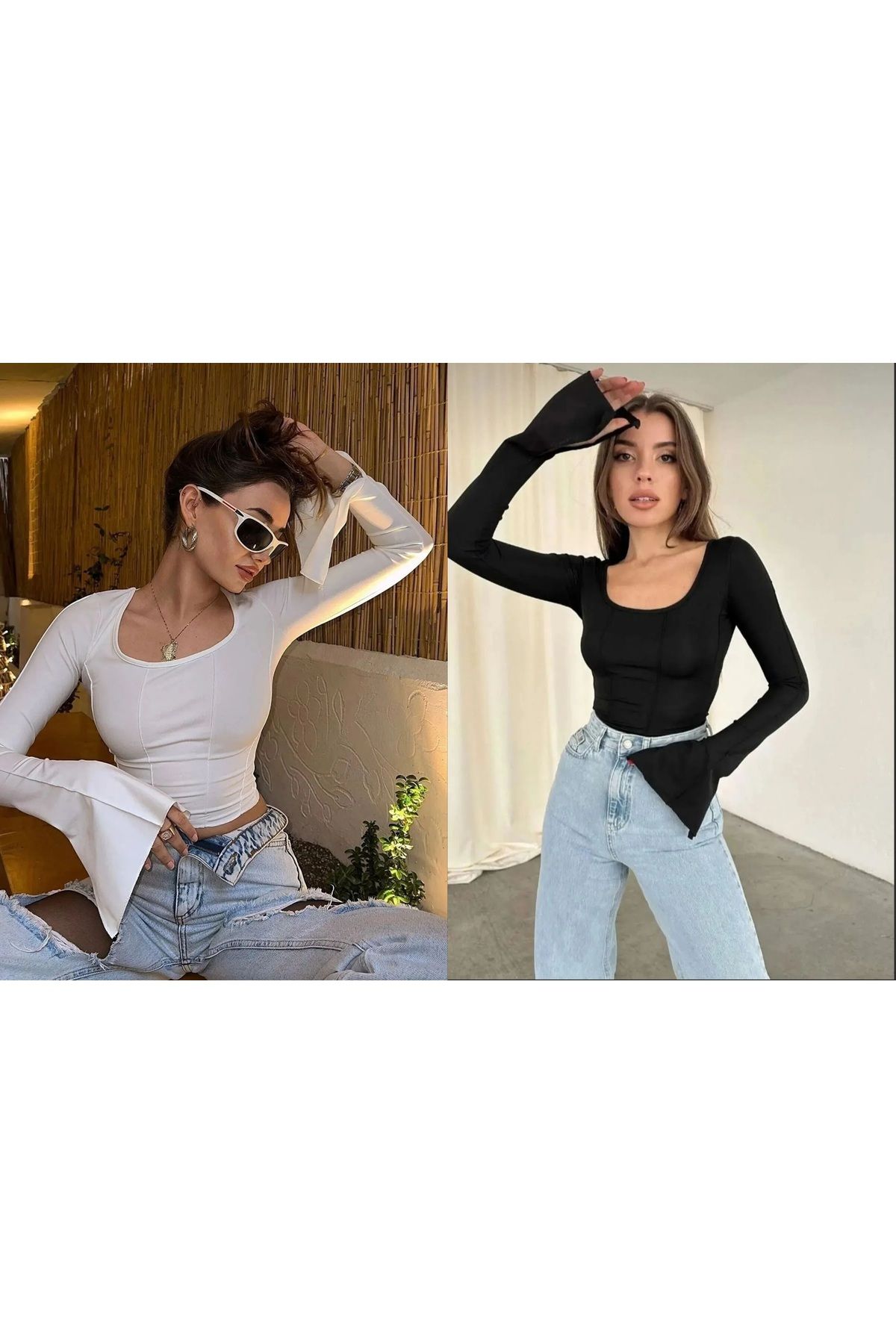 ALLEYTA Kadın Siyah Beyaz 2'li  İspanyol Kol Detaylı Basic Crop Top