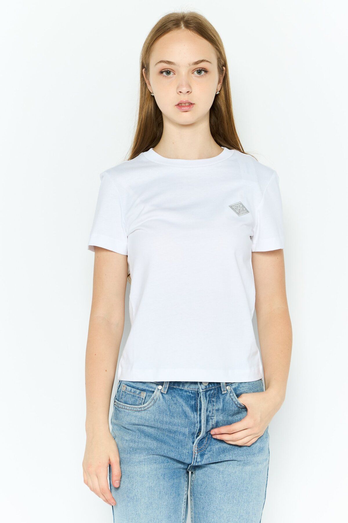 Esprit-Women Round Neck Short Sleeves Brand Logo T-Shirt, White 1