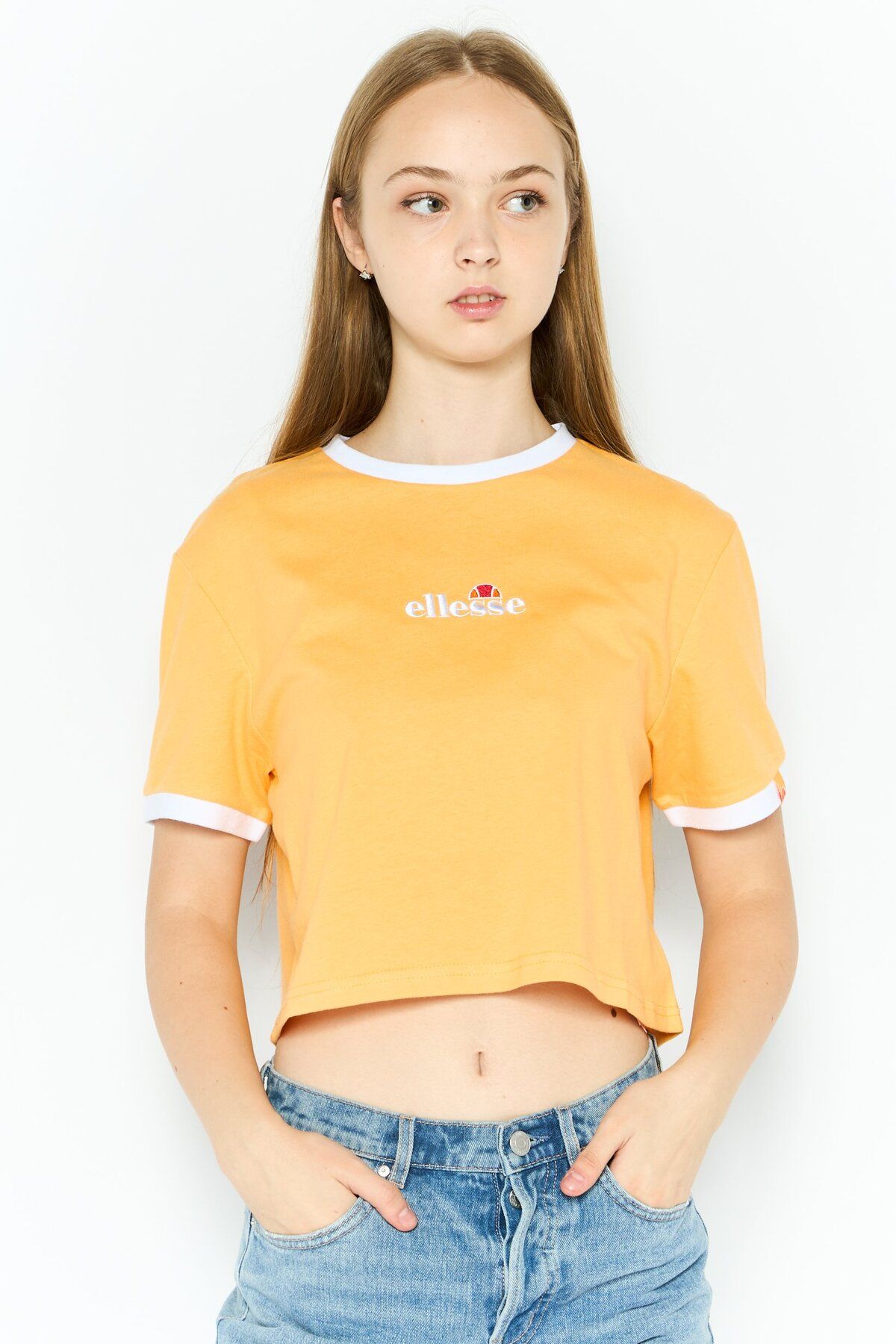 Ellesse-Women Crew Neck Short Sleeve Brand Logo Crop T-Shirt, Light Orange 1