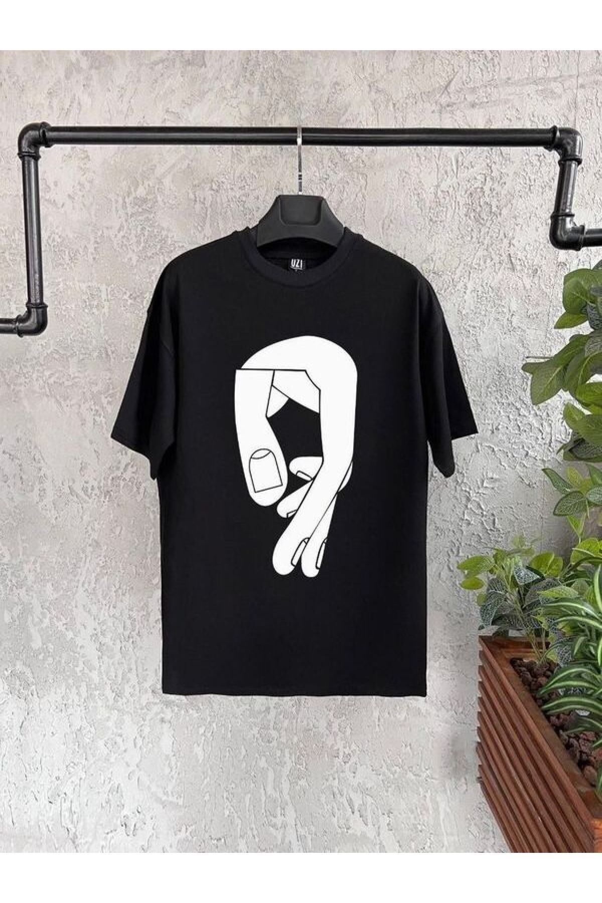 GIANTSTORE Erkek Siyah Uzunparmak Baskılı Bisiklet Yaka Tshirt