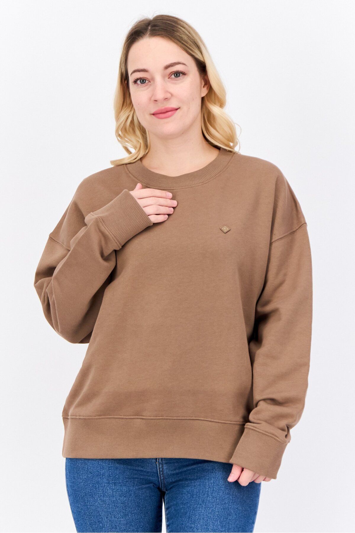 Gant-Women Ribbed Neck Embroidered Logo Long Sleeves Sweatshirt, Brown 1