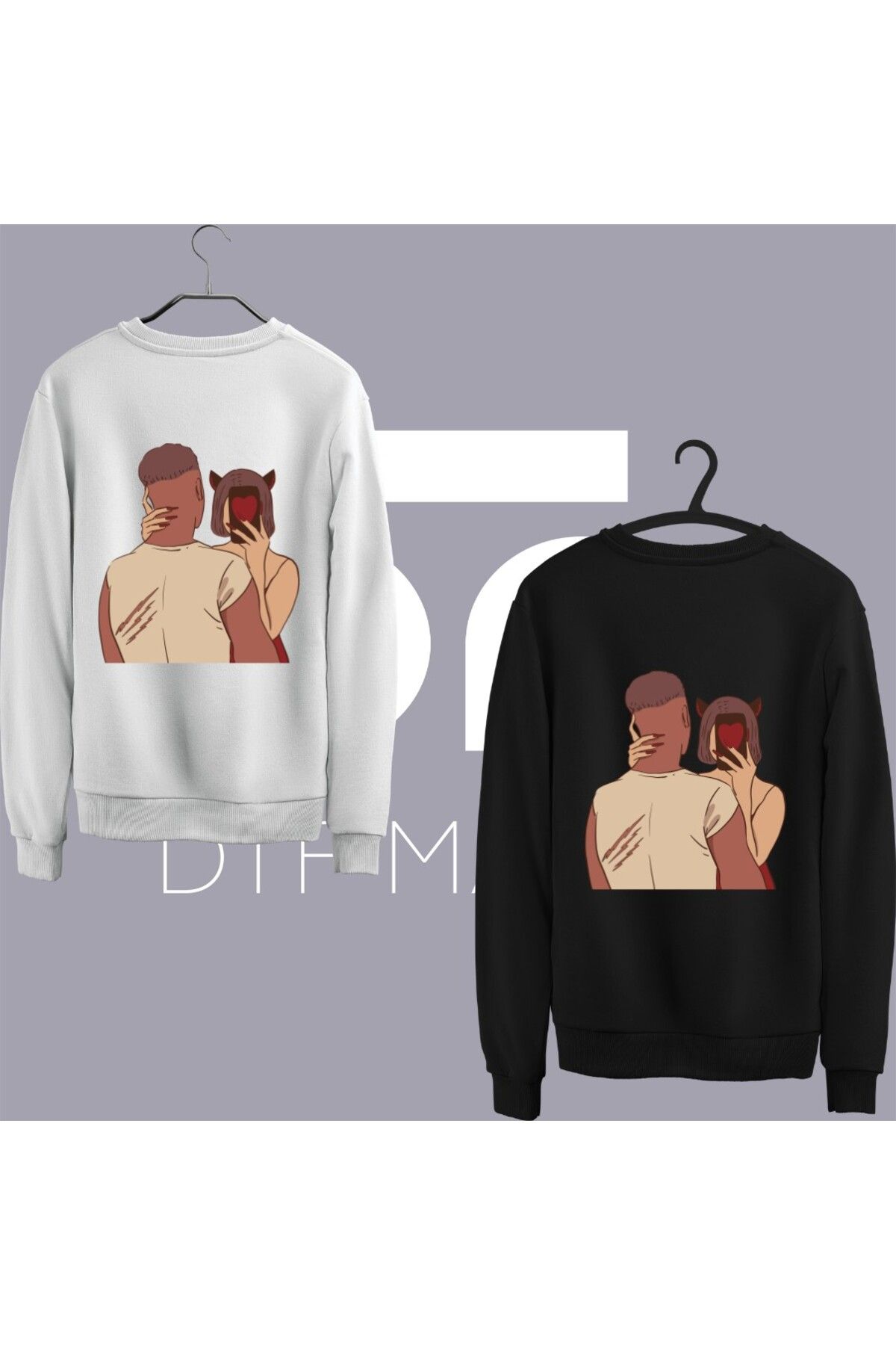 dtfmarkt 2'li Sarılmış Couple Sırt Baskılı Sweatshirt