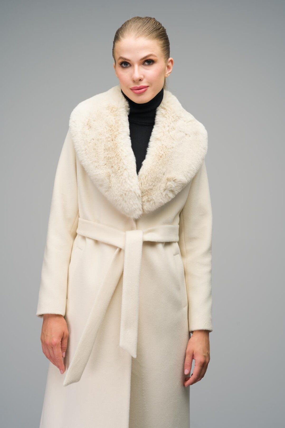 Olcay-Intermediate Size Ecru 3066 - SheepsKin Coat with Removable Collar and Snap Closure 2