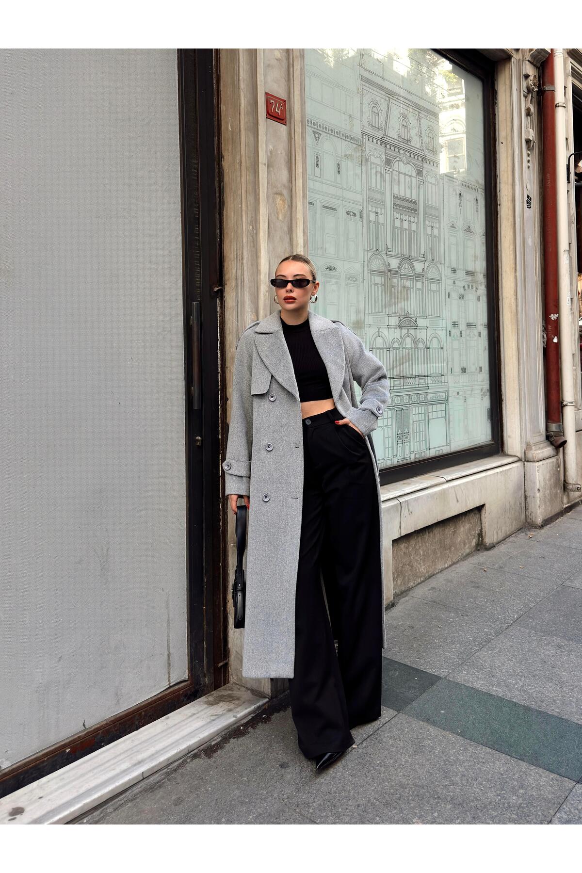 Olcay  Apolet ve Pelerin Detaylı Reglan Kol Kruvaze Kaban A.GRİ 3045 - Görsel 6