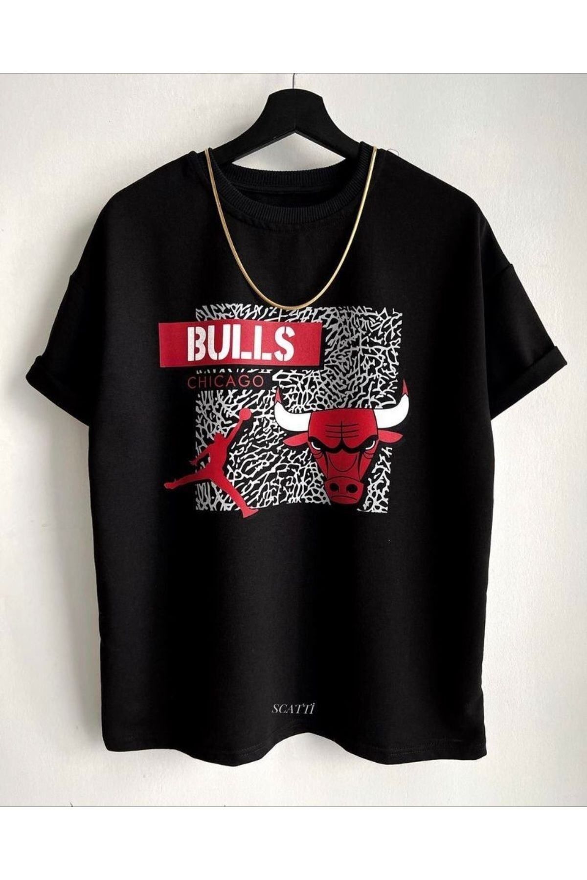 GIANTSTORE Erkek Siyah Kırmızı Baskılı Bulls Oversize Bisiklet Yaka T-shirt