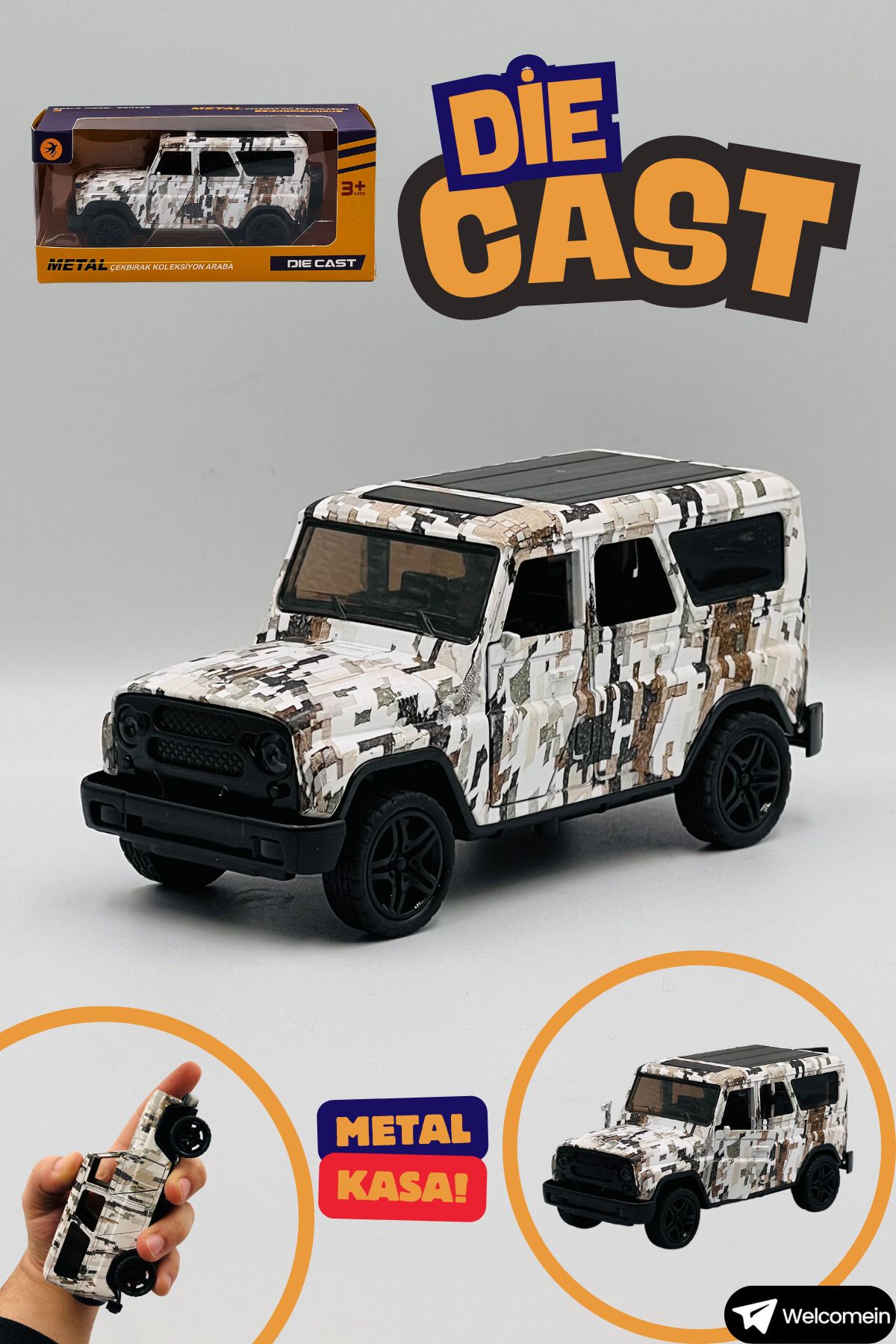 welcomein Oyuncak Siyah Beyaz Jeep Model Çek Bırak Kutulu Metal Die Cast Araba Kapıları Açılan Koleksiyon Özel