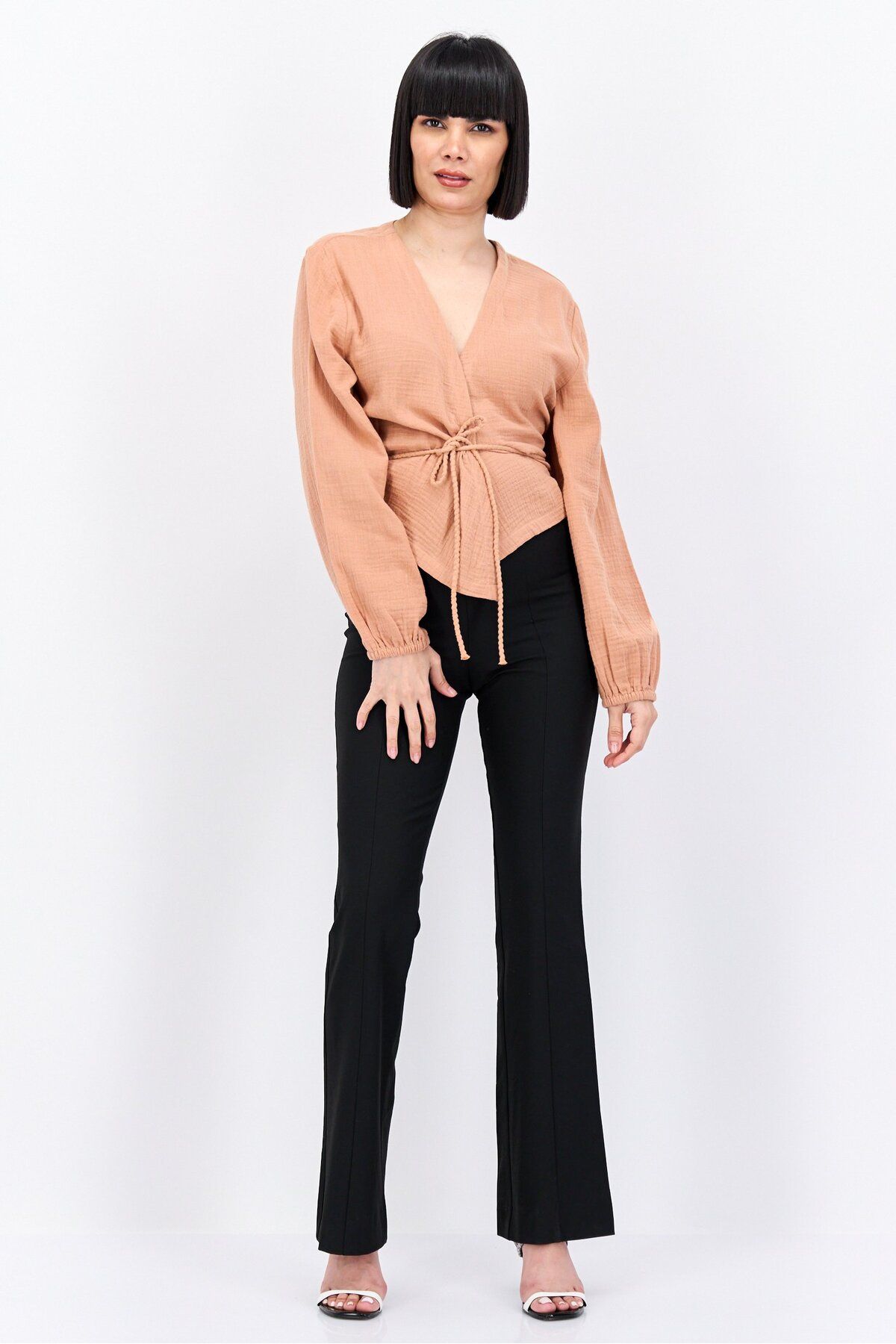 Passionata-Women Surplice Neck Long Sleeve Solid Blouse, Tan 3