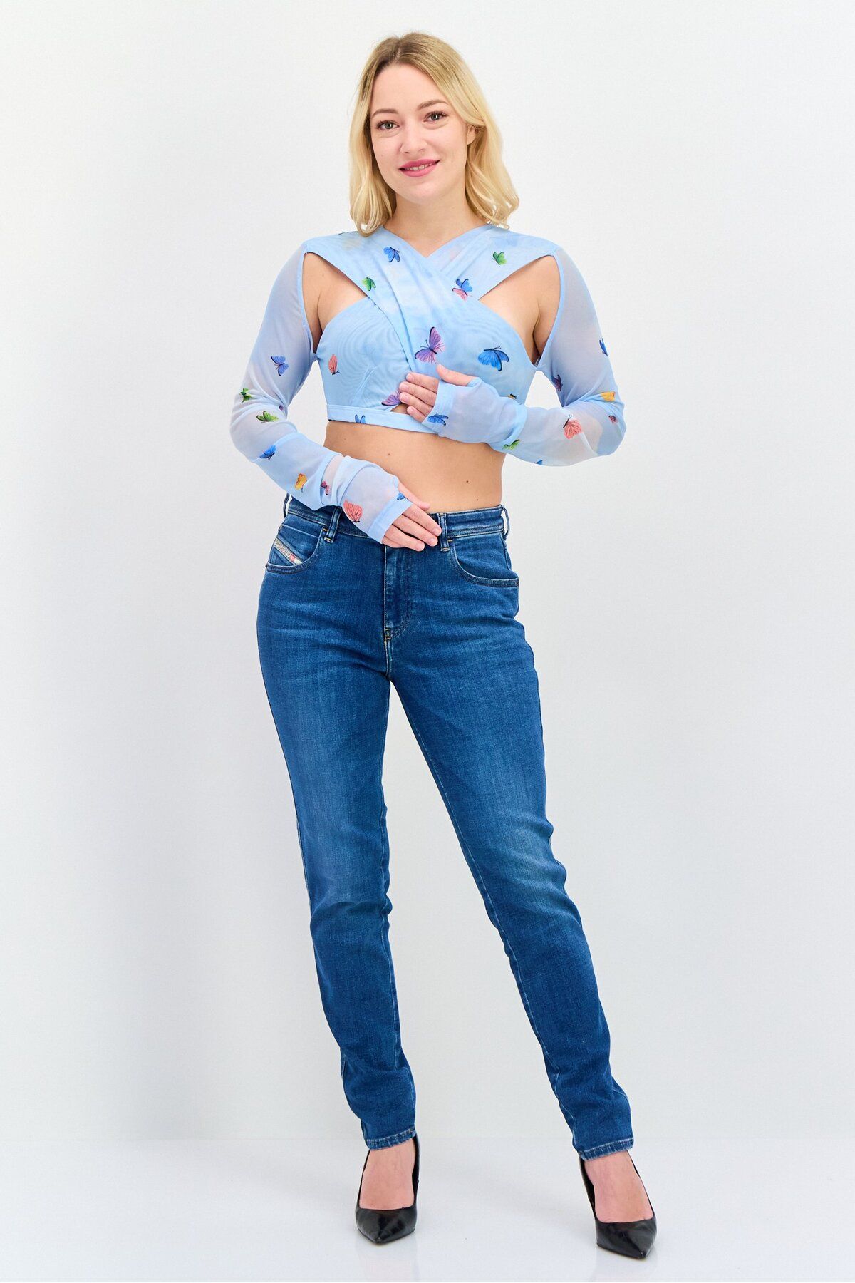 OW Intimates-Women Crisscross Neckline Long Sleeve Allover Print Top, Blue Combo 4