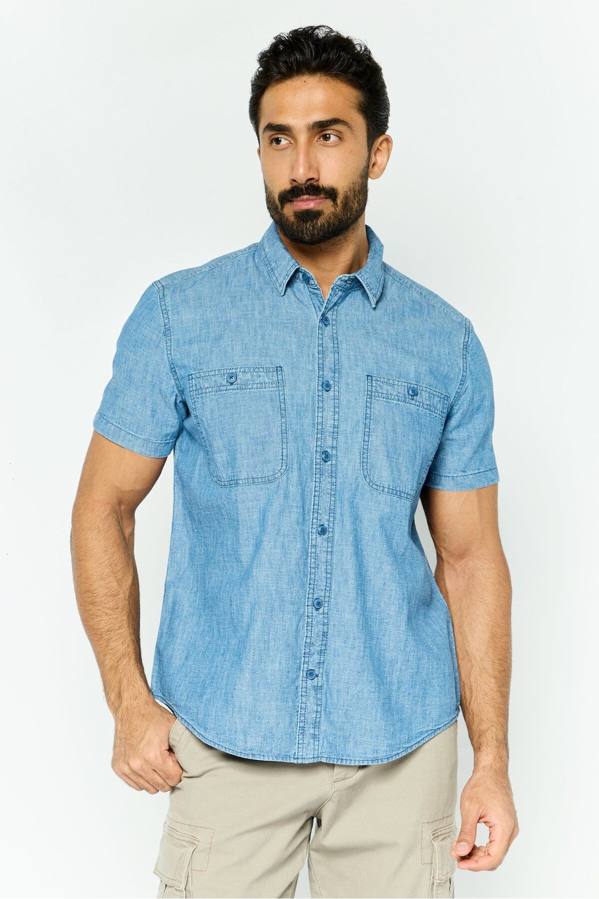 GAP-Men Regular Fit Solid Short Sleeves Casual Shirt, Blue 1