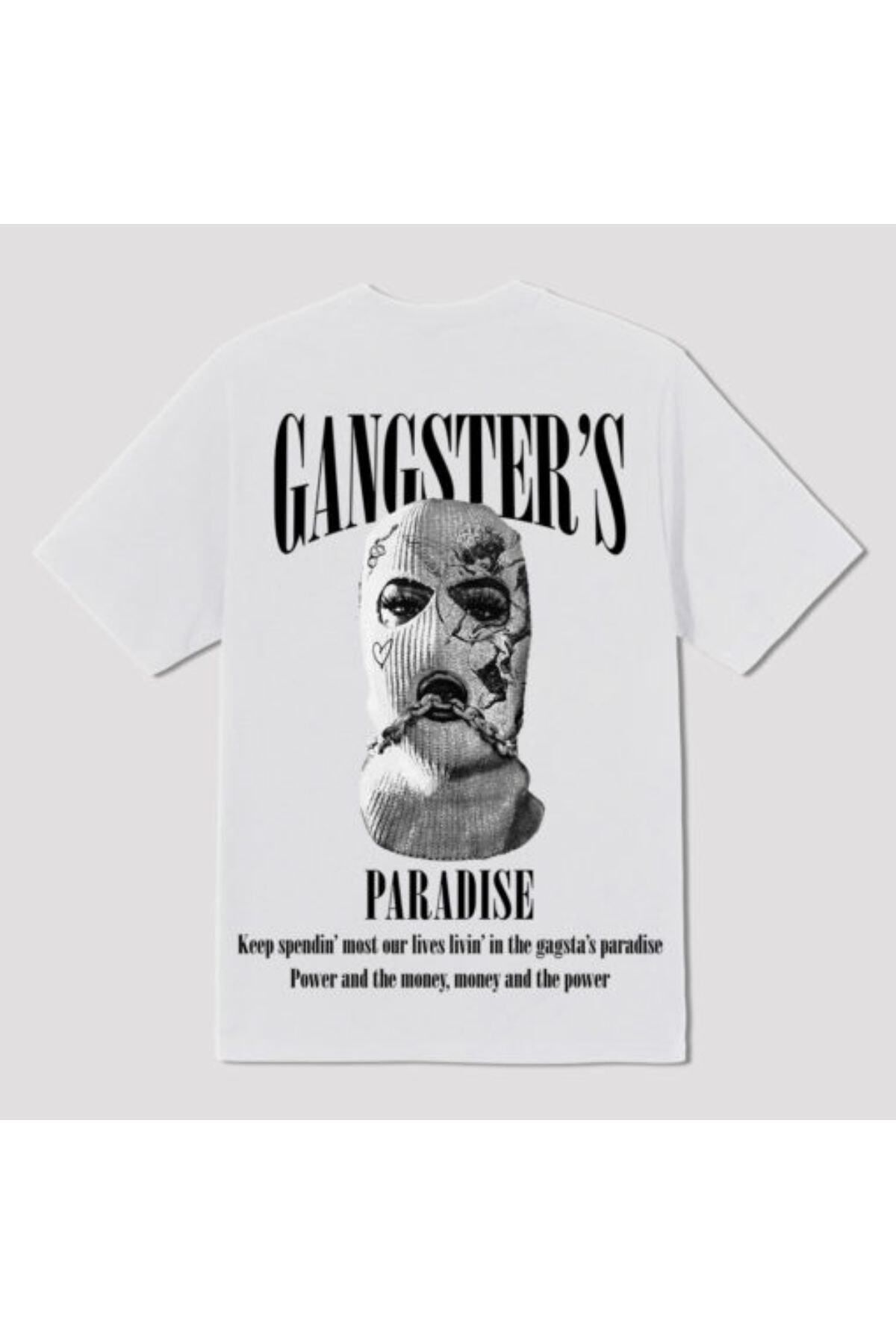 GIANTSTORE Erkek Beyaz Gangster's Baskılı Oversize Tshirt