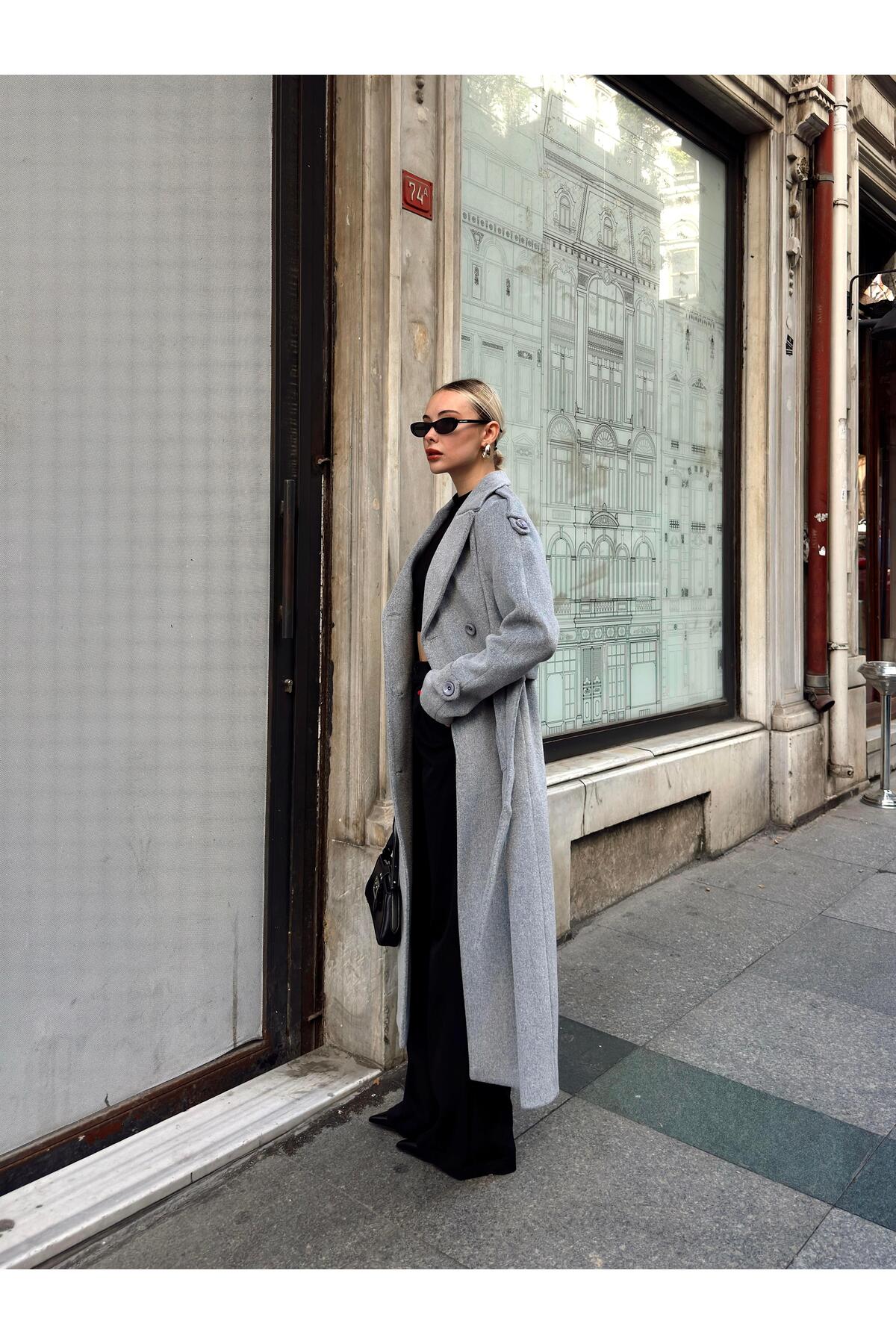 Olcay  Apolet ve Pelerin Detaylı Reglan Kol Kruvaze Kaban A.GRİ 3045 - Görsel 7