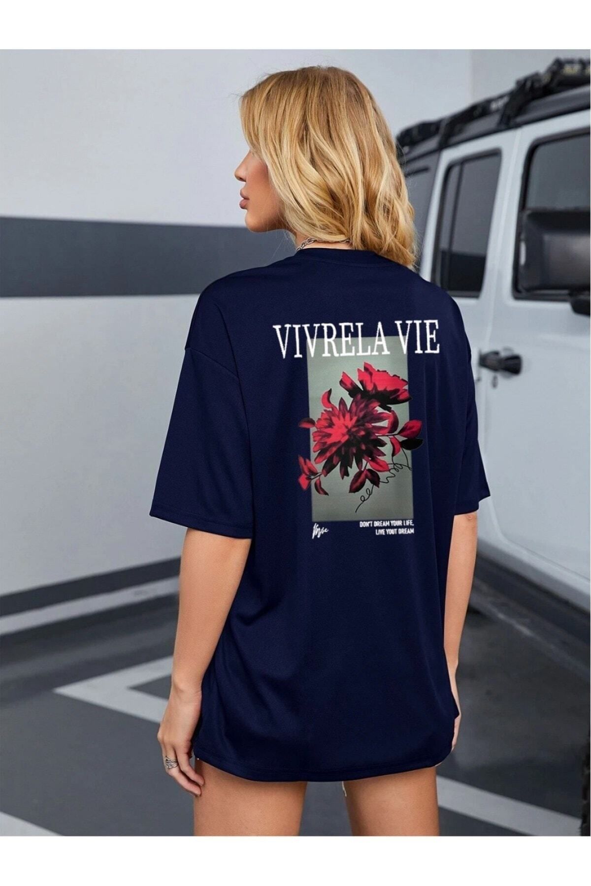 GIANTSTORE Unisex Lacivert Vivre La Vie Baskılı Oversize Bisiklet Yaka Penye Tişört