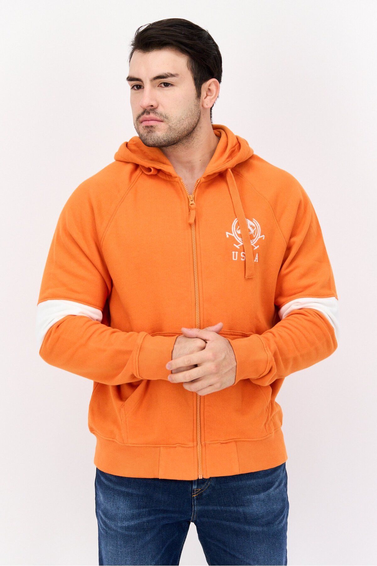 U.S. Polo Assn.-Men Embroidered Logo Long Sleeves Hooded Sweatshirt, Orange 1