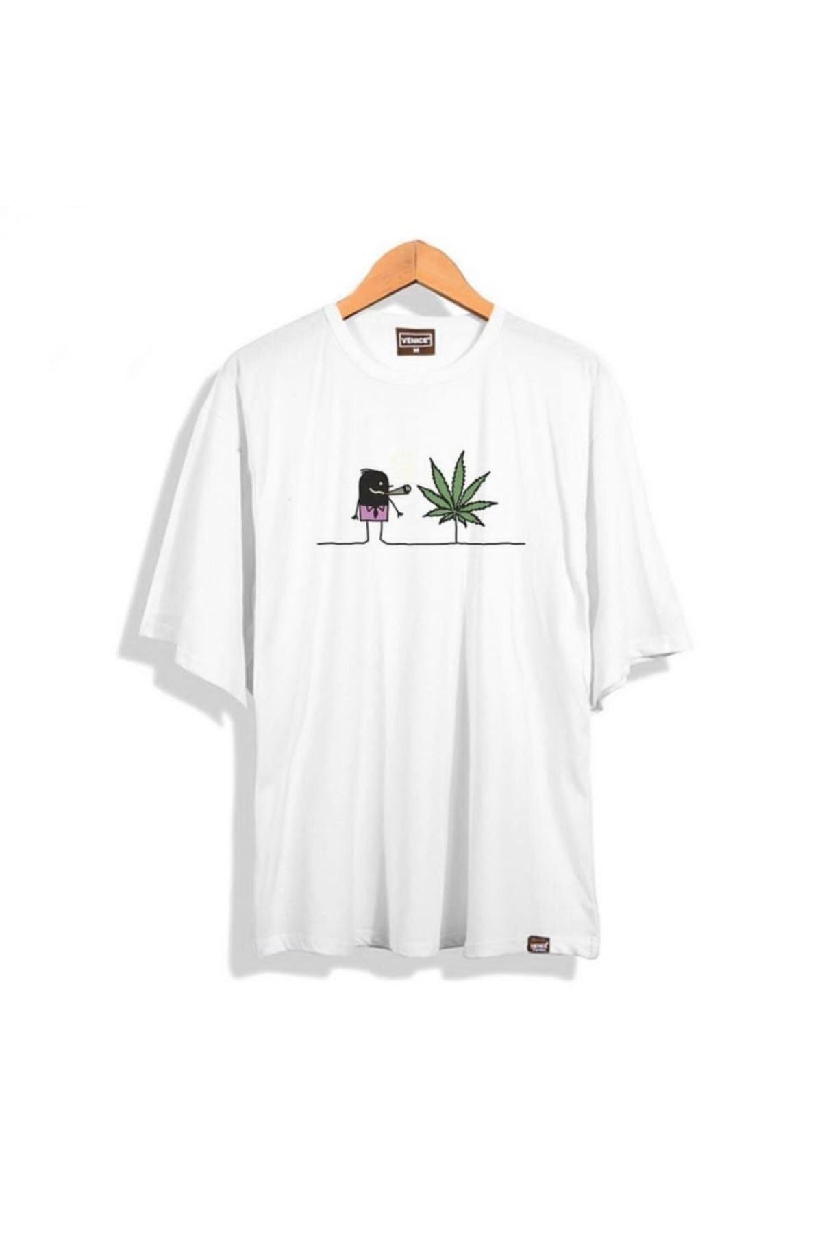 GIANTSTORE Erkek Beyaz Weed Baskılı Oversize Bisiklet Yaka Tshirt