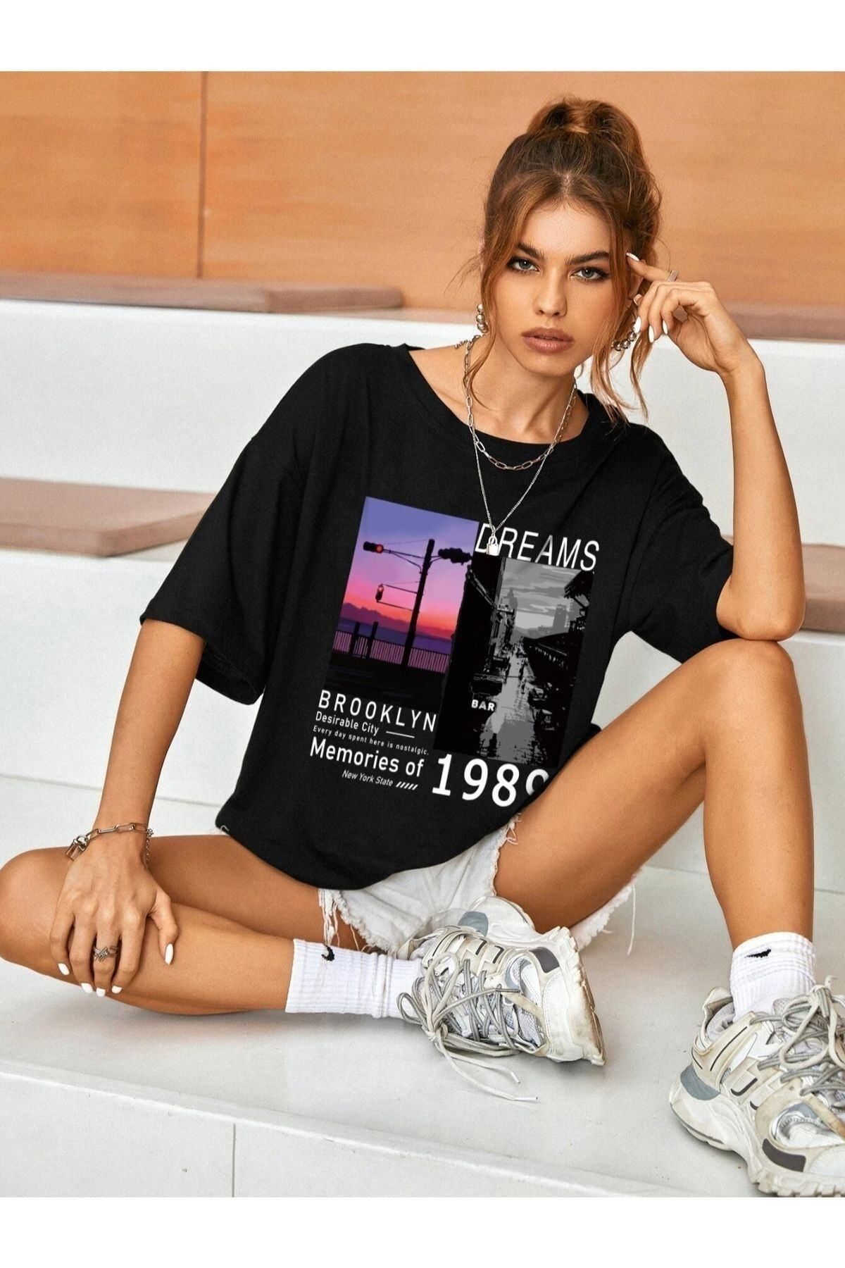 GIANTSTORE Kadın Siyah Dreams 1989 Baskılı Oversize Bisiklet Yaka Tshirt