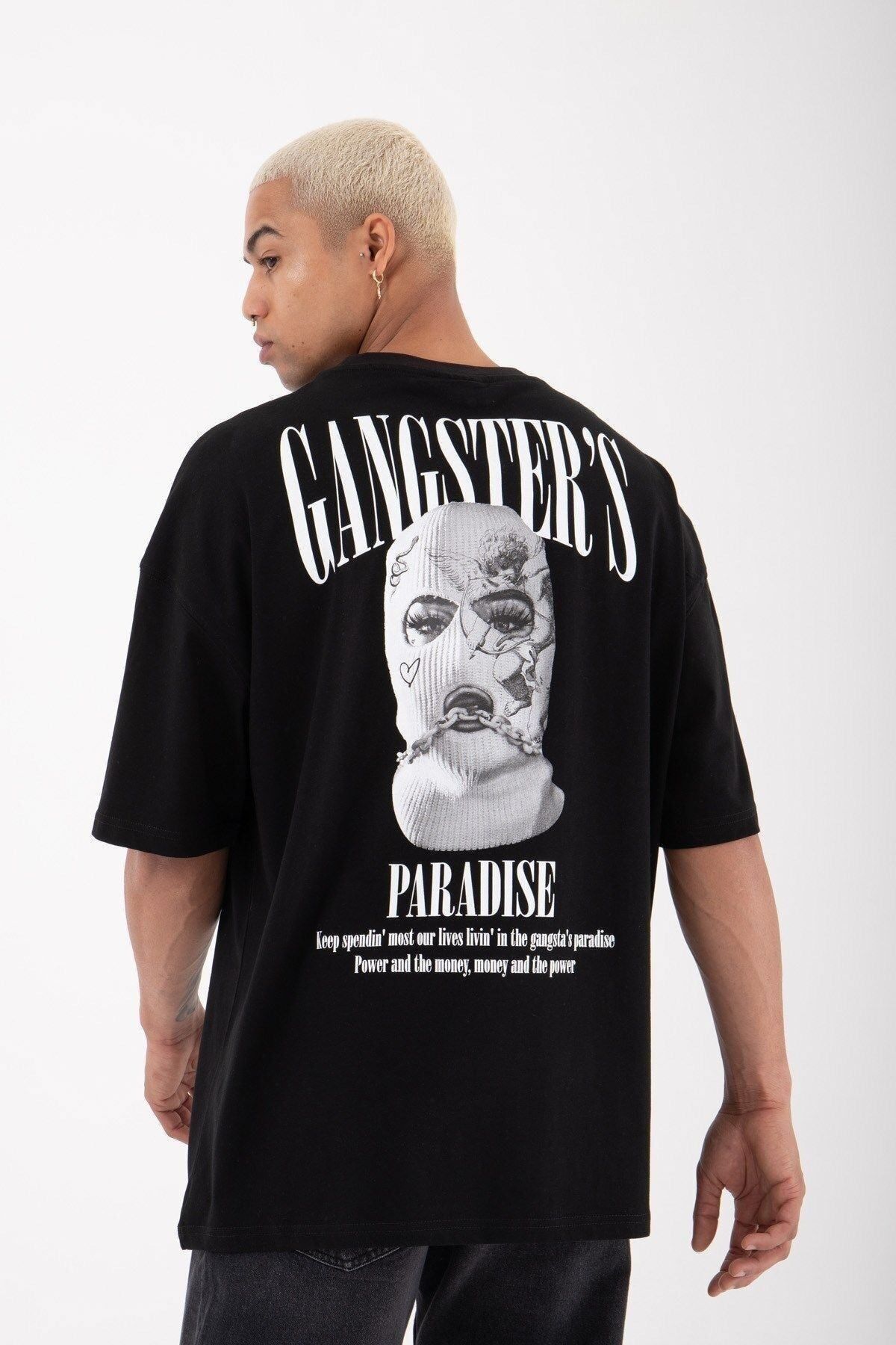 GIANTSTORE Erkek Siyah Gangster’s Paradise Baskılı Oversize Pamuklu Bisiklet Yaka T-shirt